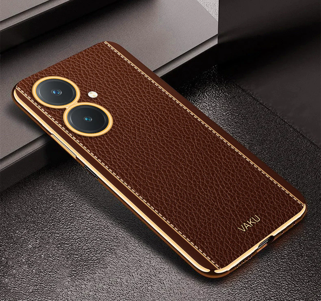 Vaku® Vivo Y27 Luxemberg Series Leather Stitched Gold Electroplated Soft TPU Back Cover - Image 7