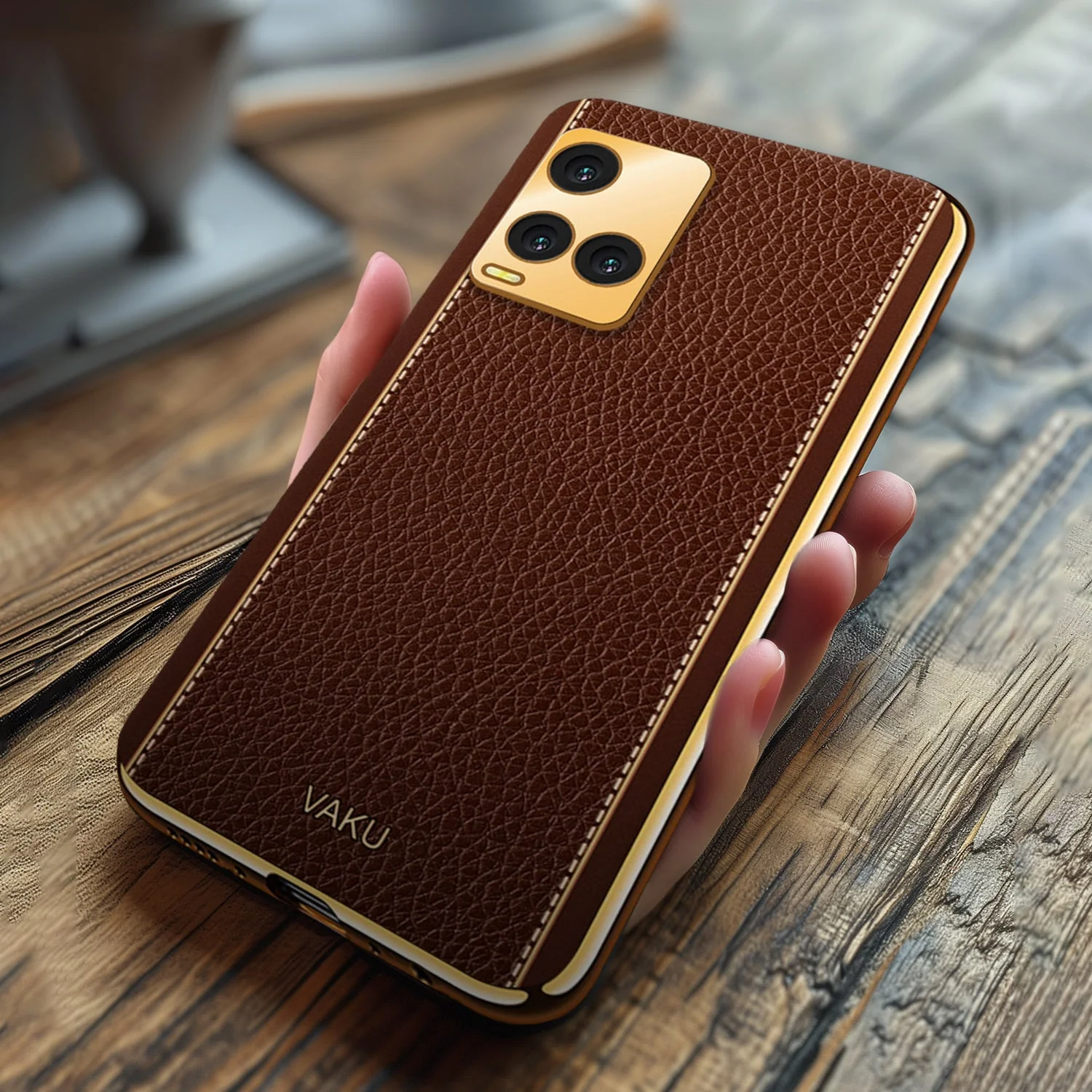 Vaku® Vivo Y33T Luxemberg Series Leather Stitched Gold Electroplated Soft TPU Back Cover