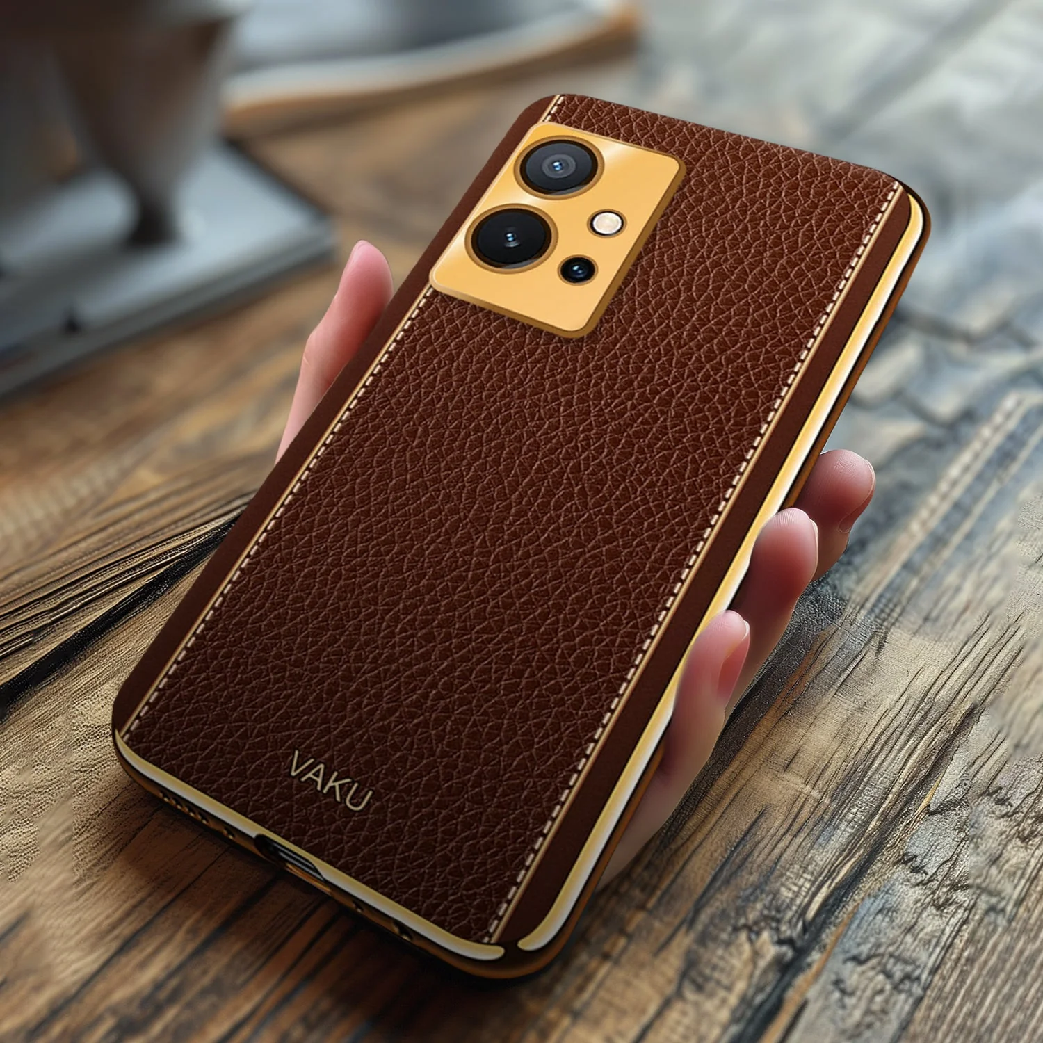 Vaku® Vivo Y55s 5G Luxemberg Leather Pattern Gold Electroplated Soft TPU Back Cover