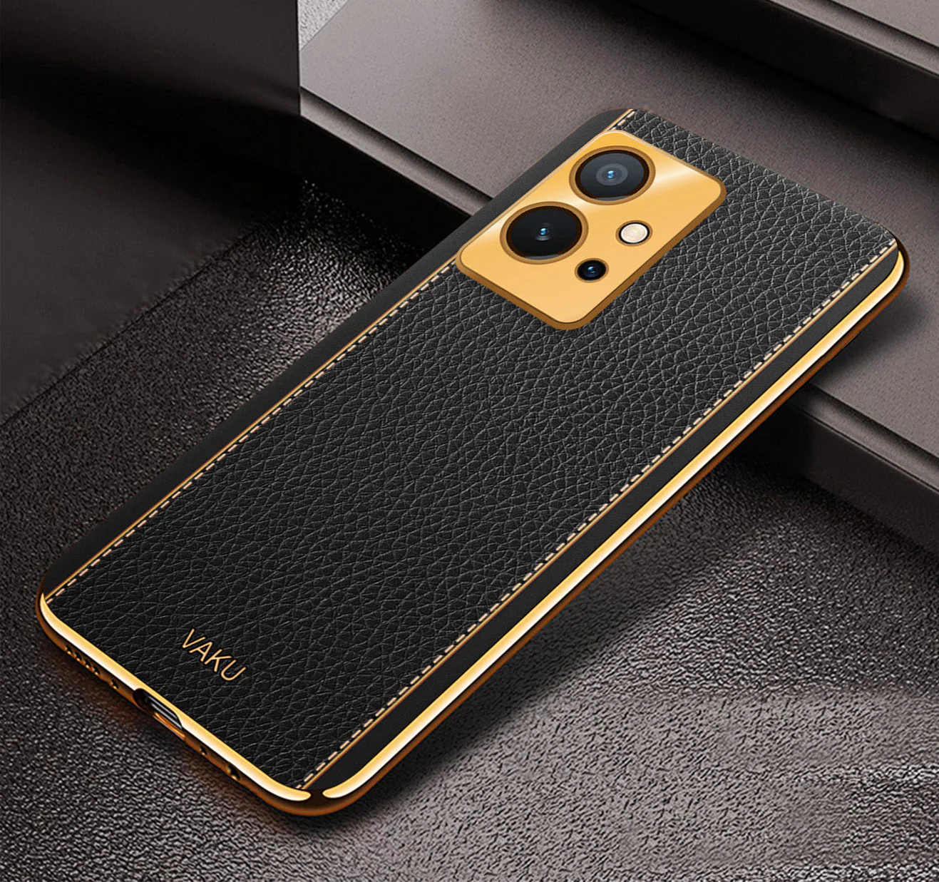 Vaku® Vivo Y55s 5G Luxemberg Leather Pattern Gold Electroplated Soft TPU Back Cover - Image 17