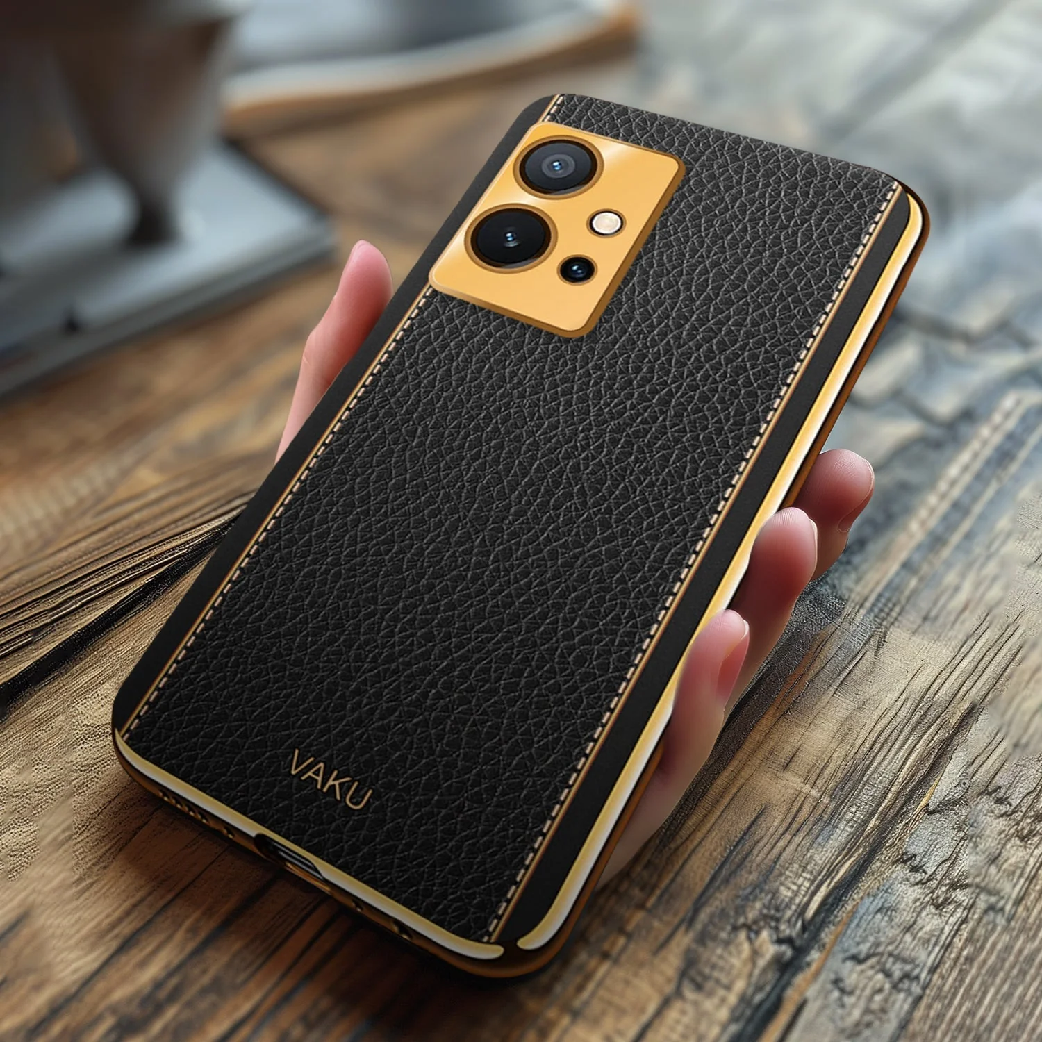 Vaku® Vivo Y55s 5G Luxemberg Leather Pattern Gold Electroplated Soft TPU Back Cover - Image 3