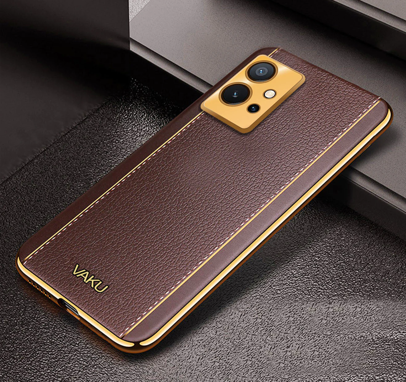 Vaku® Vivo Y75 5G Luxemberg Series Leather Stitched Gold Electroplated Soft TPU Back Cover