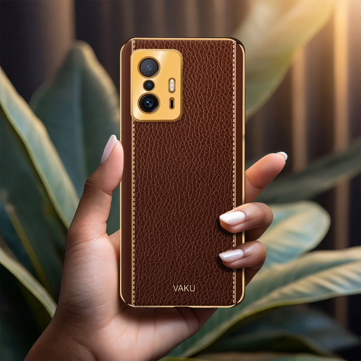 Vaku® Xiaomi 11T Pro 5G Luxemberg Series Leather Stitched Gold Electroplated Soft TPU Back Cover - Image 12