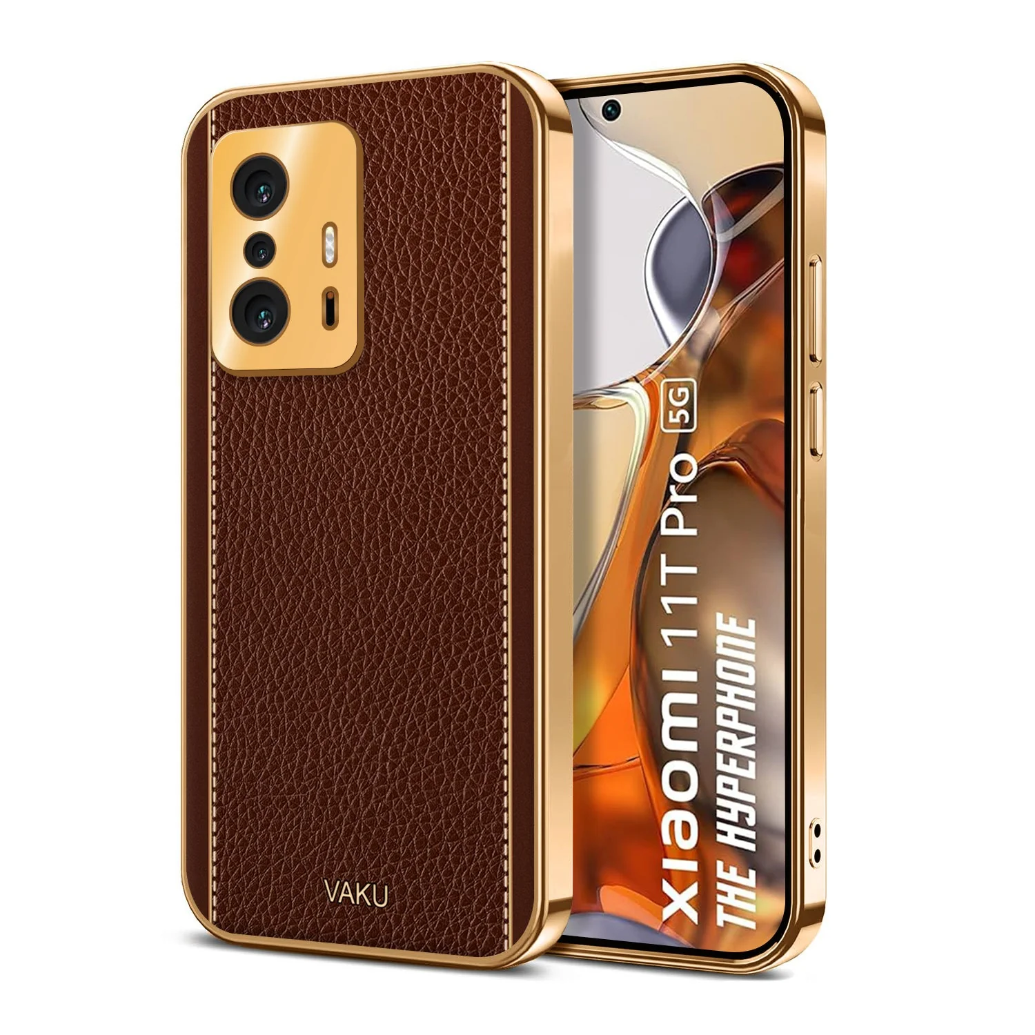 Vaku® Xiaomi 11T Pro 5G Luxemberg Series Leather Stitched Gold Electroplated Soft TPU Back Cover - Image 2