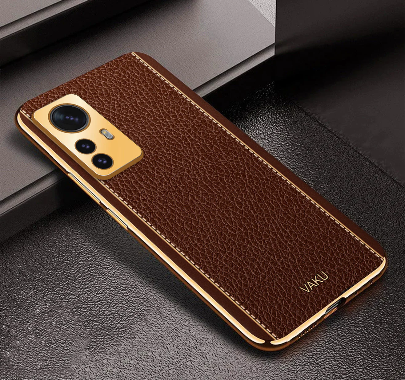 Vaku® Xiaomi 12 Pro 5G Luxemberg Leather Pattern Gold Electroplated Soft TPU Back Cover - Image 4