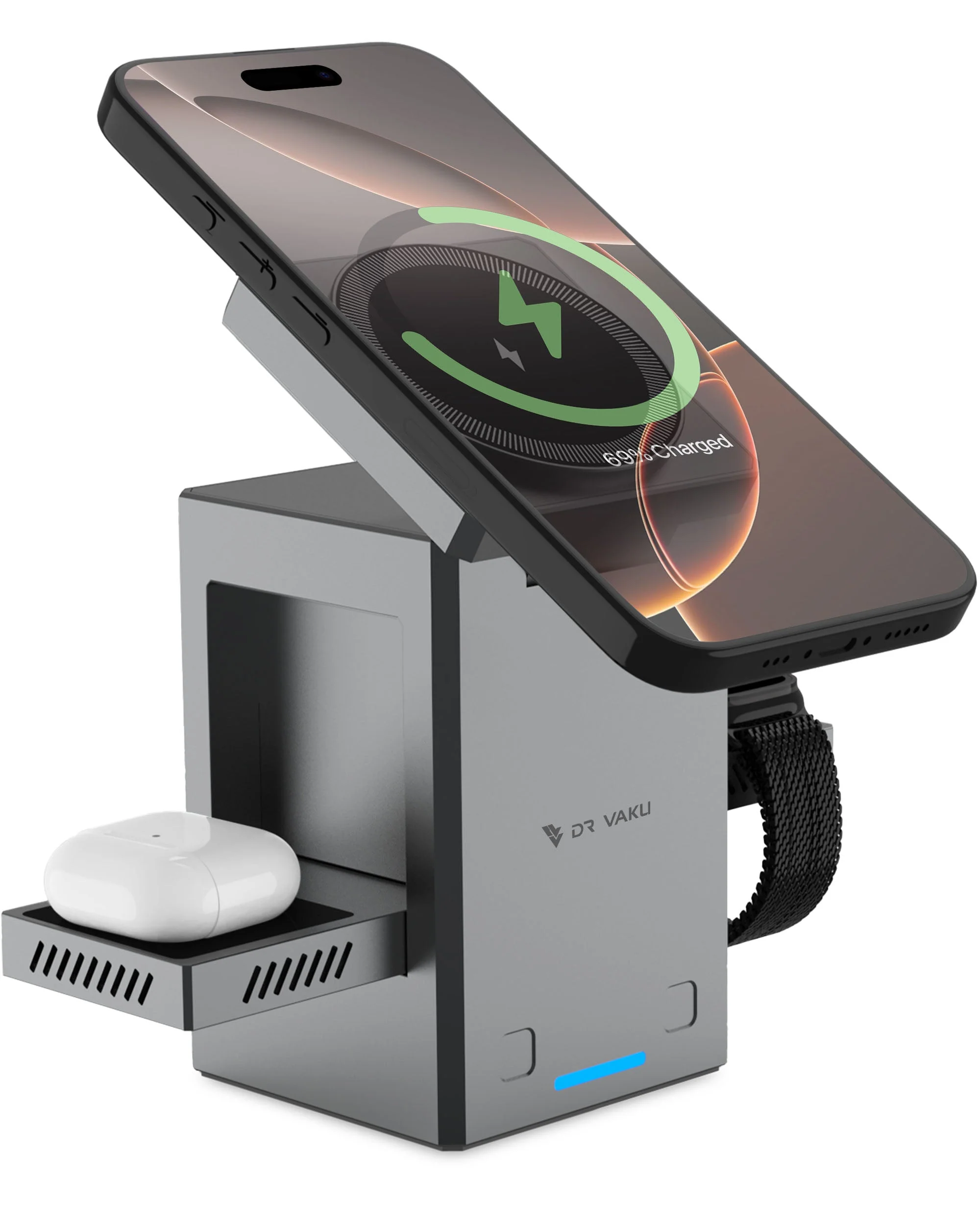 Vaku Luxos ® Autopod 3in1 Wireless Charger Qi2 Certified 23W MagSafe Touch To Unfold Charging Stand For iPhone 16/16 Plus/16 Pro/16 Pro Max,15/14/13/12 Series, AirPods 2/3/Pro Series 9/4/SE