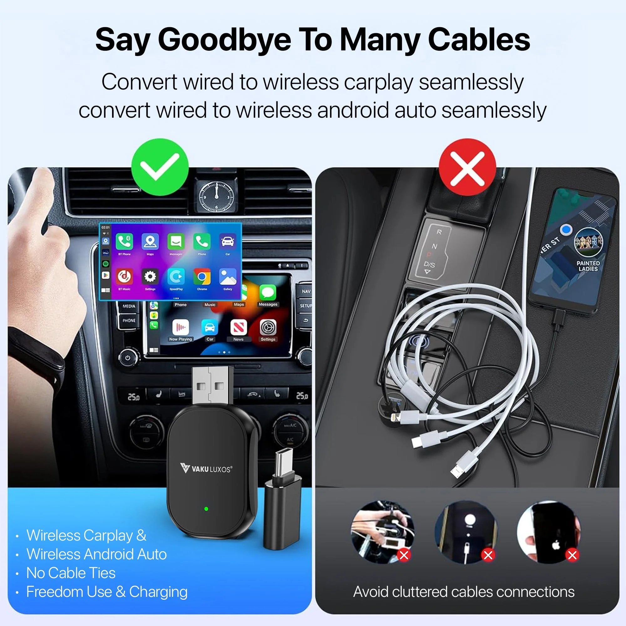 Vaku Luxos ® DASHELITE 2-in-1 Wireless Car Receiver For Wired Android Auto/CarPlay Conversion | Seamless Bluetooth | OEM Compatible - Image 5