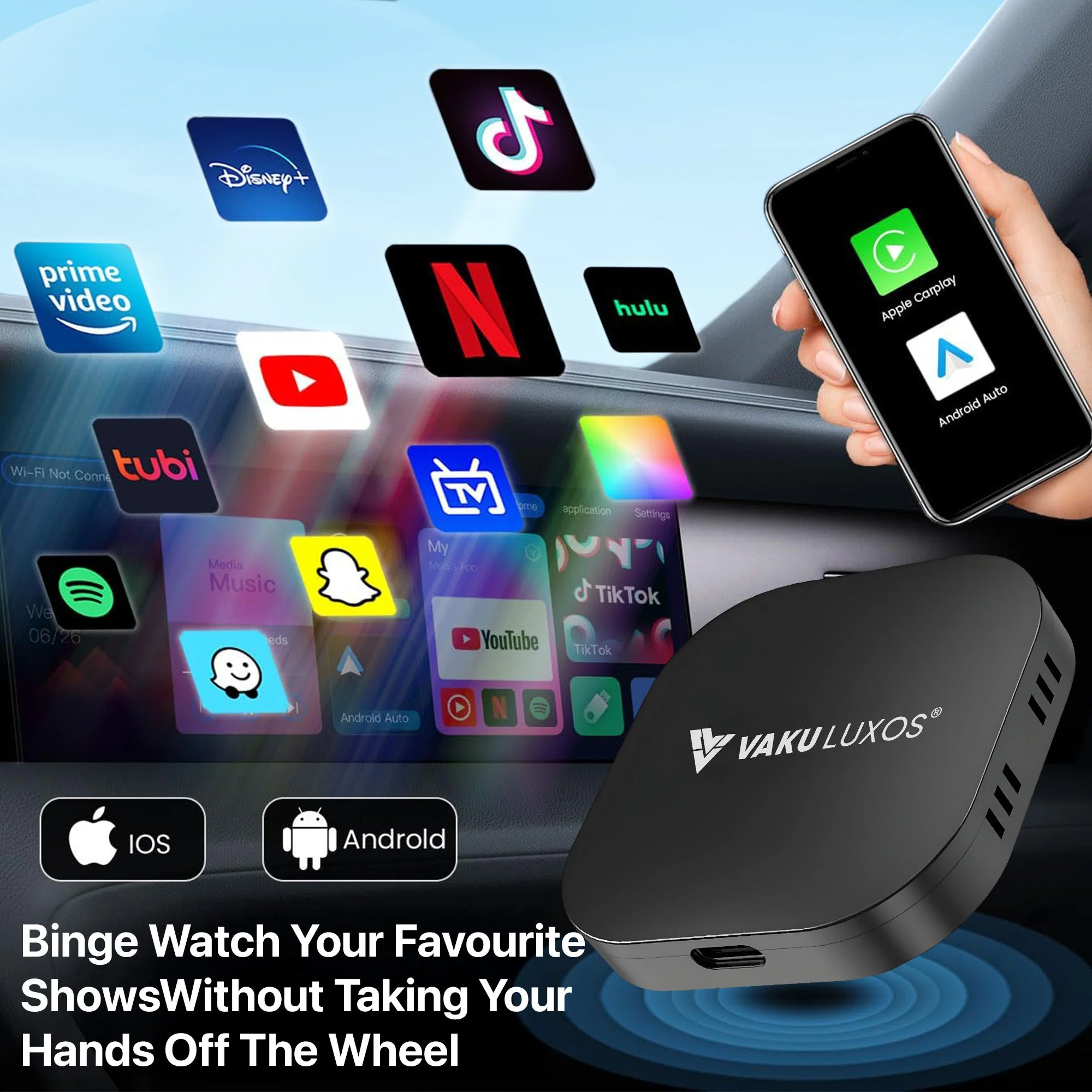 Vaku Luxos ® MUSEPRO 2025 Upgraded Wireless CarPlay Adapter, 5-in-1 Apple Wireless and Android Auto Wireless Adapter - Image 6
