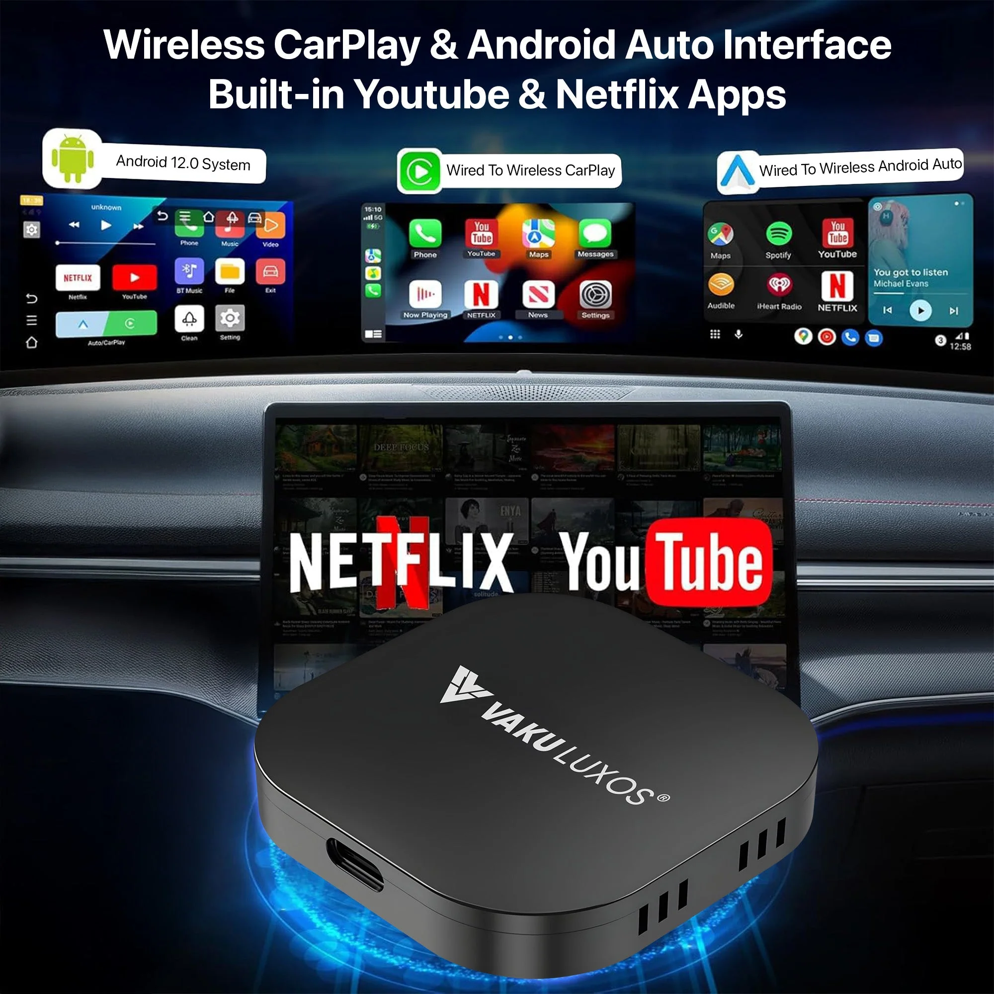 Vaku Luxos ® MUSEPRO 2025 Upgraded Wireless CarPlay Adapter, 5-in-1 Apple Wireless and Android Auto Wireless Adapter Support Netflix/YouTube/TF Card, Magic Ai Box for Cars from 2016 & iPhone iOS10+ - Image 8