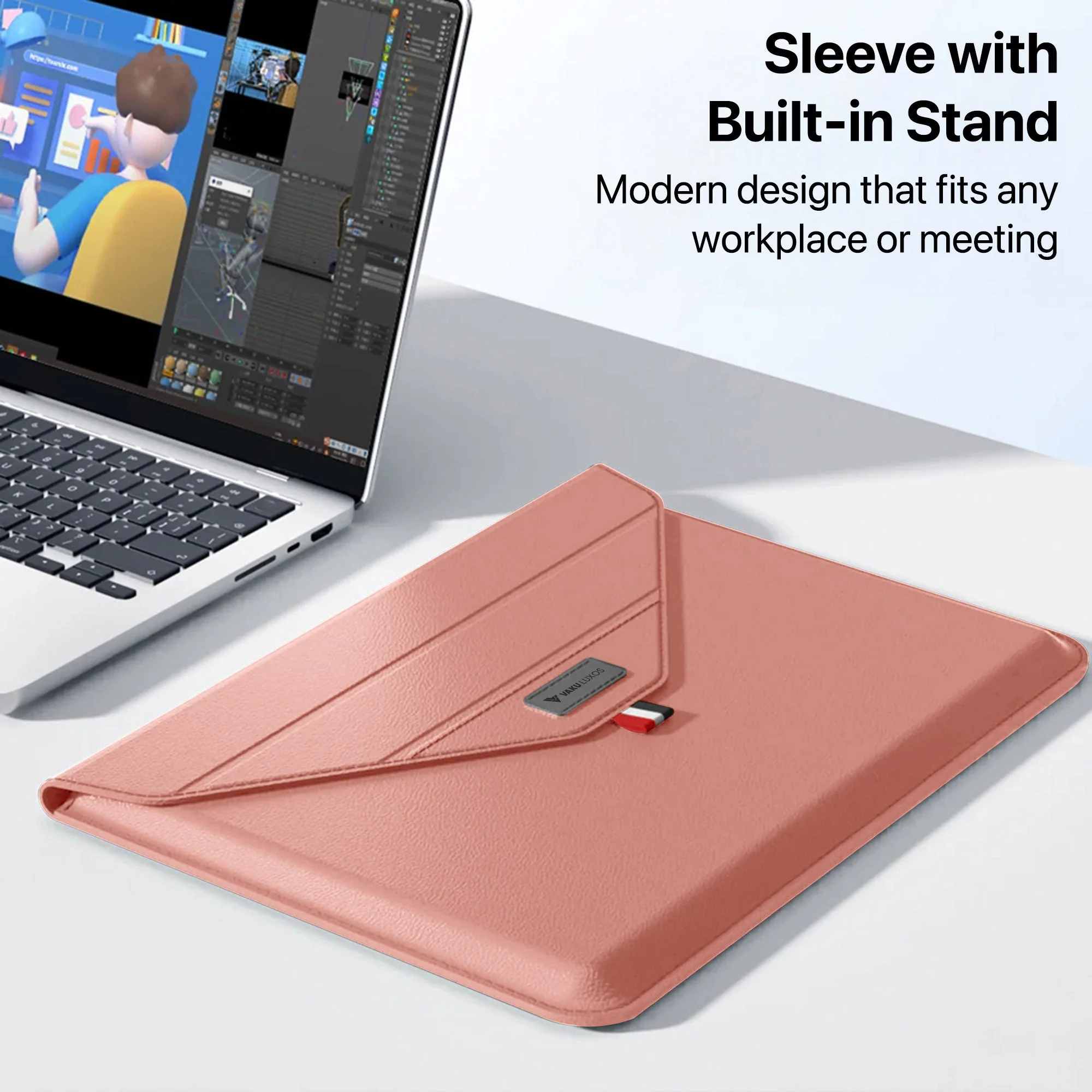 Vaku Luxos ® URBANMATE MacBook & Laptop Sleeve 13/14 Inch Vegan Leather Ultra-Thin Protection Sleeve With Built-in Stand - Image 2