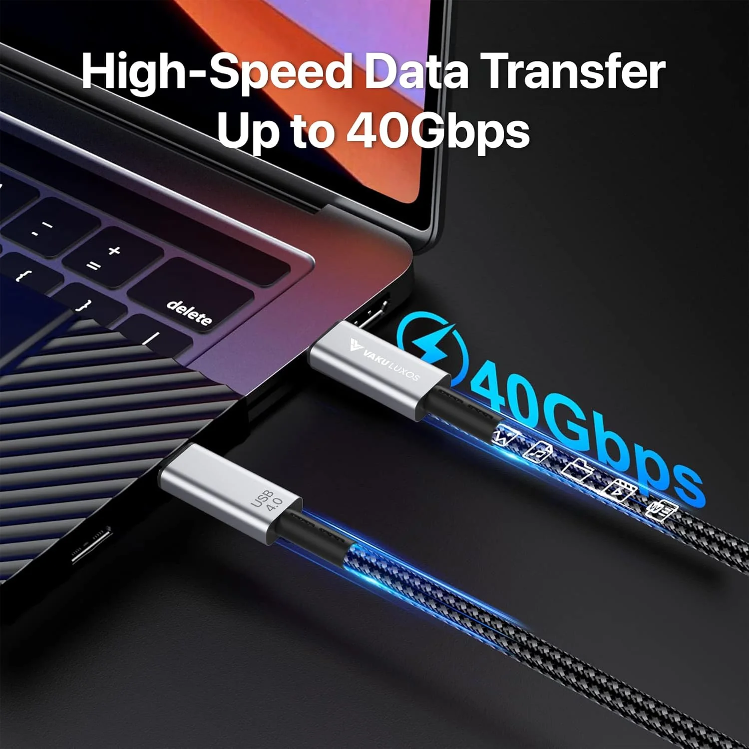 Vaku Luxos® BLAZE 1.5M 240W USB4 Type-C to Type-C Data Cable, Thunderbolt-4 40Gbps High-Speed Data Transfer, Upto 8K@60Hz Type C Display Compatible with iPhone 16, 15, Galaxy S25, S24, S23, Tablet, Laptop, eGPU - Image 2