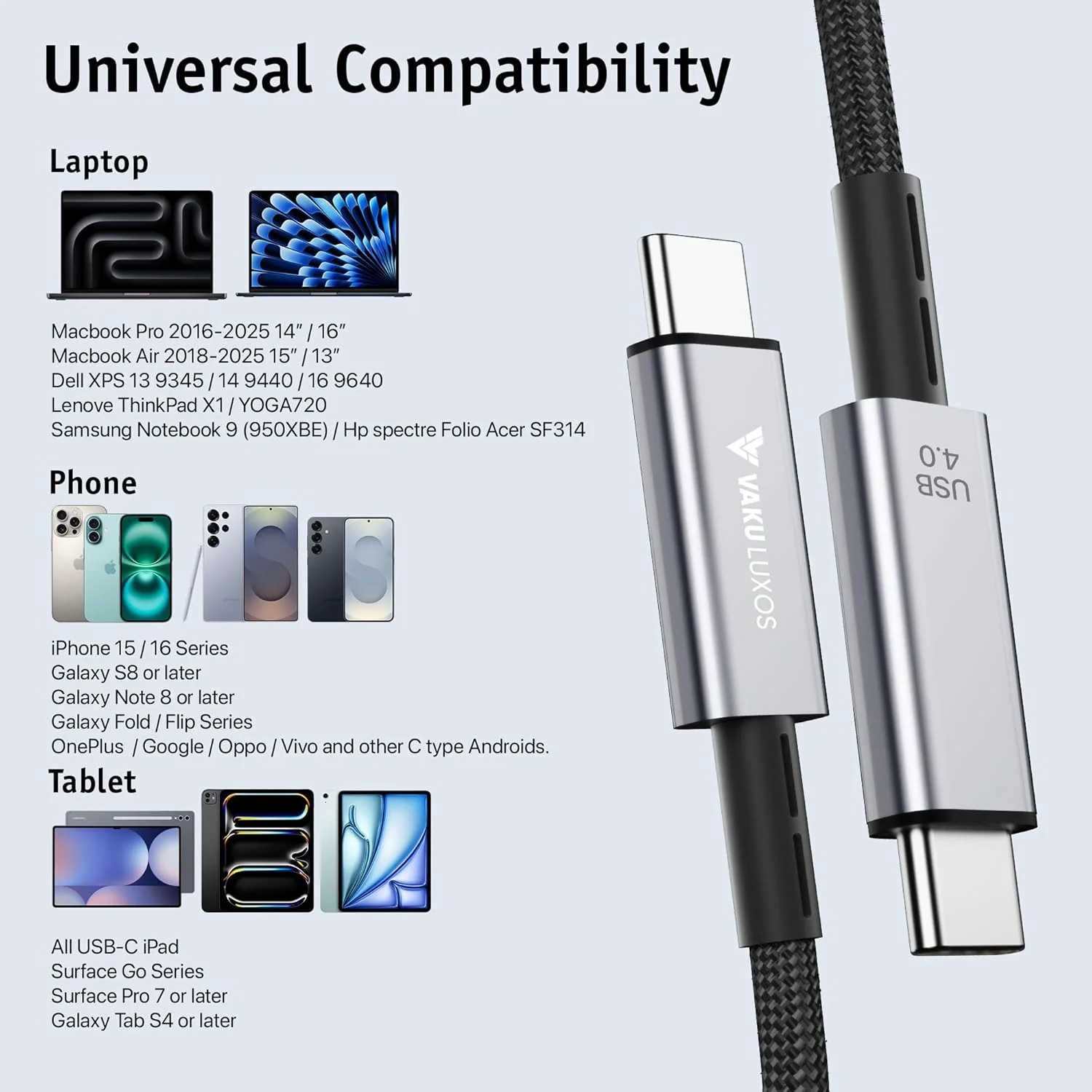 Vaku Luxos® BLAZE 1.5M 240W USB4 Type-C to Type-C Data Cable, Thunderbolt-4 40Gbps High-Speed Data Transfer, Upto 8K@60Hz Type C Display Compatible with iPhone 16, 15, Galaxy S25, S24, S23, Tablet, Laptop, eGPU - Image 6