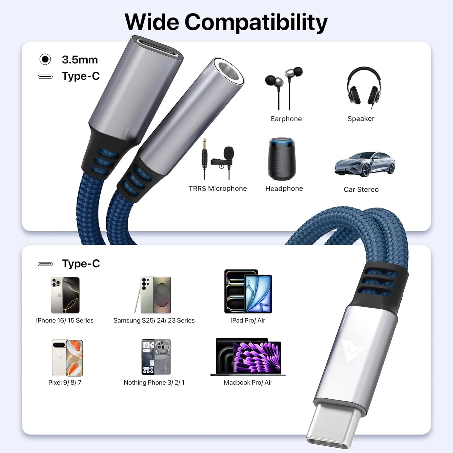 Vaku Luxos® DigiCoder 2in1 Type C to 3.5 mm Jack + USB C Charging & Digital Audio 24-bit DAC 3.5mm Connector Aux Cable, Headphone, Earphone Converter Splitter for Samsung, Oneplus, iPhone - Image 3