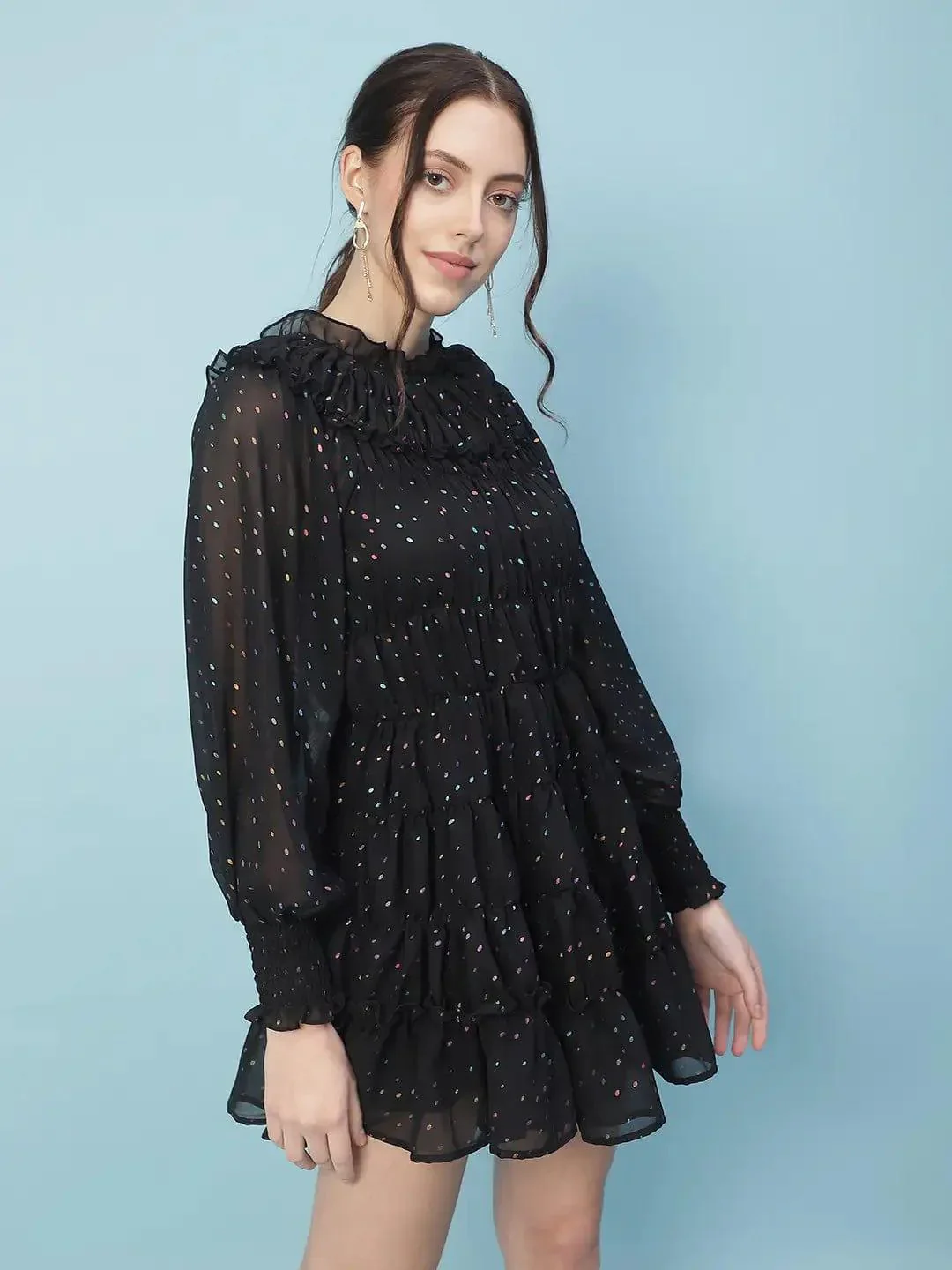 Vancy Black With Lining Lurex Print Gathered Women Dress - Image 5