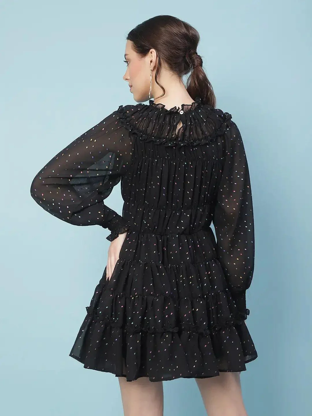 Vancy Black With Lining Lurex Print Gathered Women Dress - Image 6