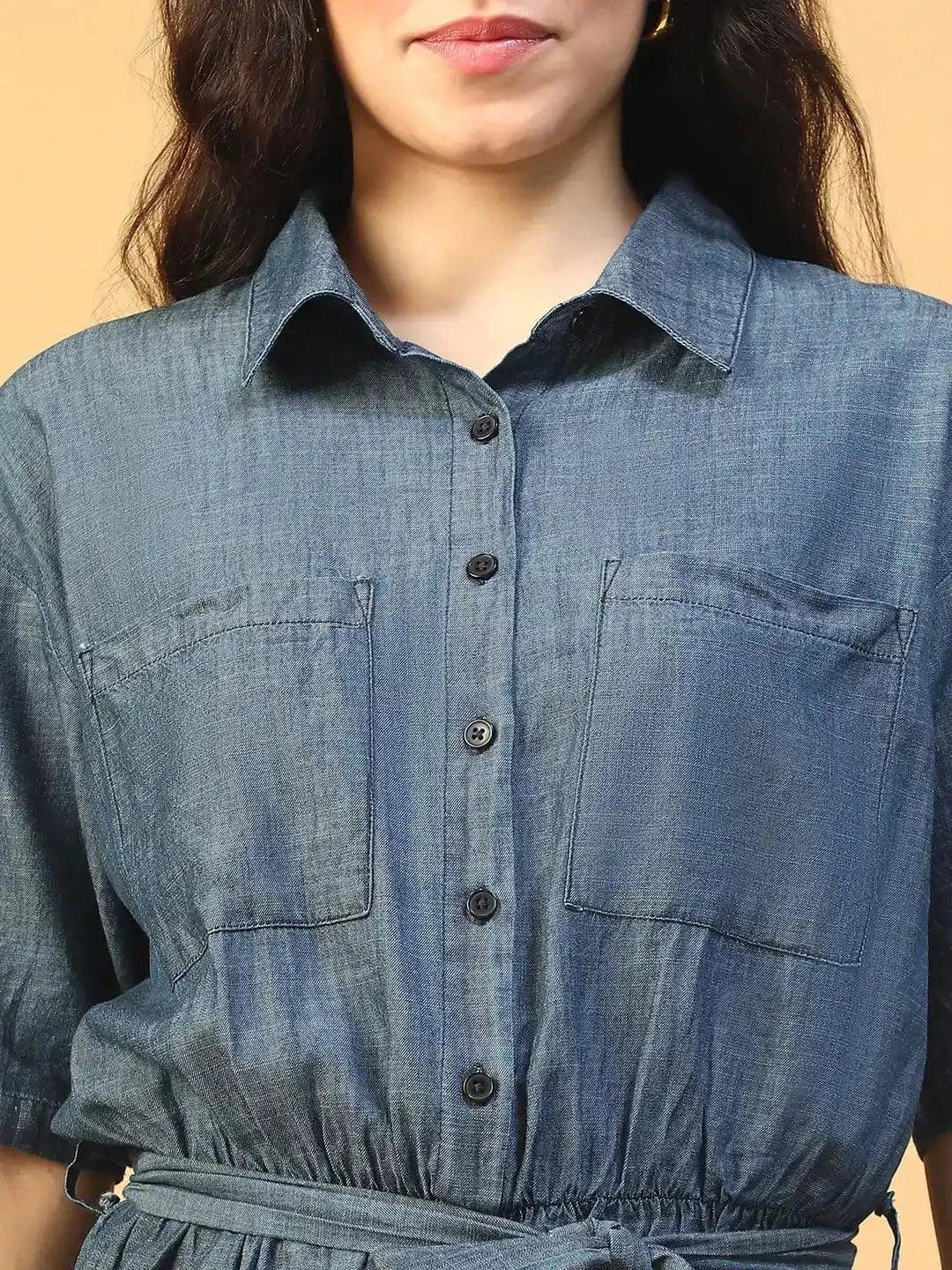 Vancy Blue Collared Button Down Elasticated With Tie-Up Belt Women Cotton Denim Playsuit - Image 6