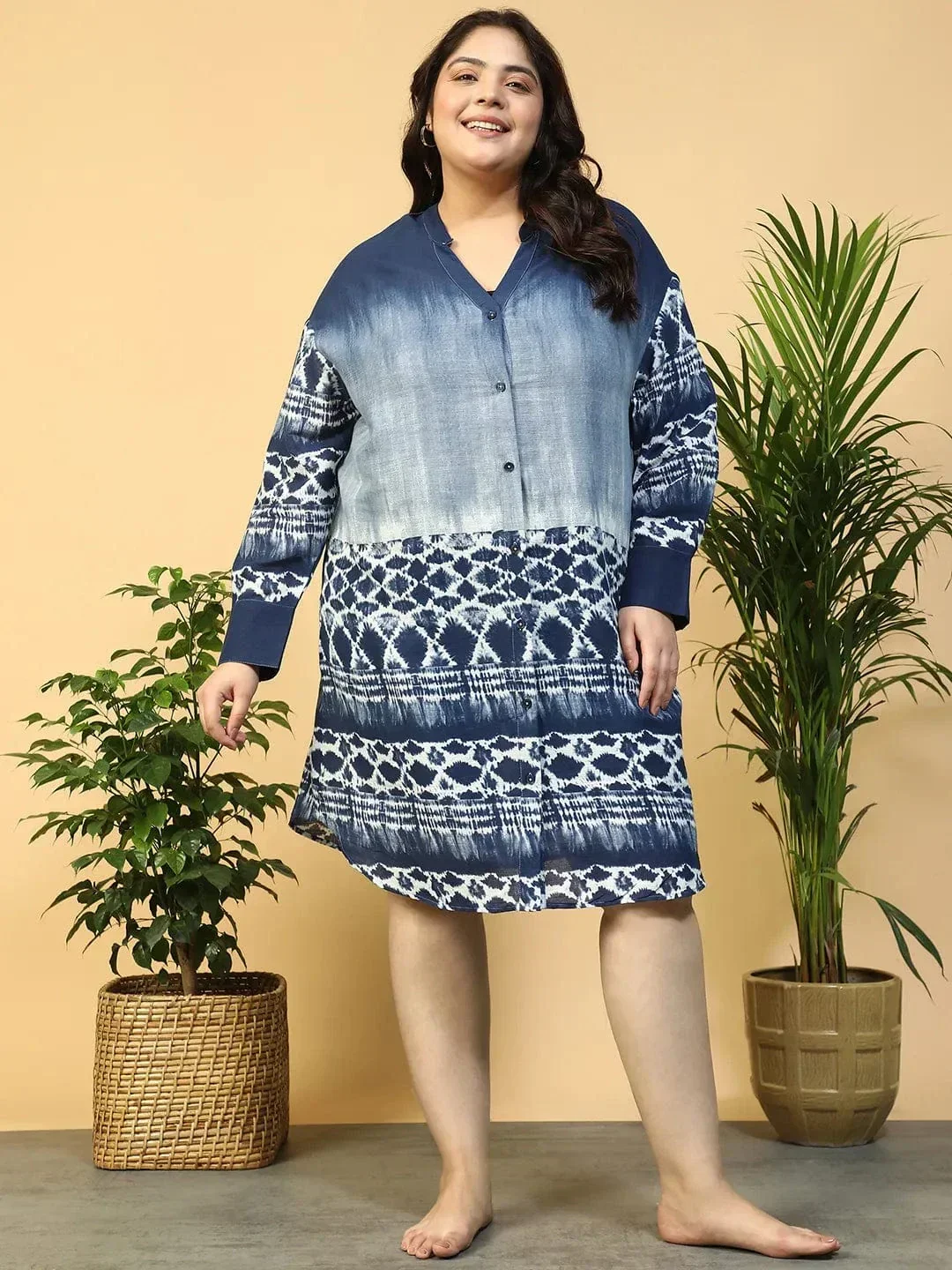 Vast Blue Tie-Dye Print Long Sleeve Button Down Plus Size Beachwear Cotton Shirt - Image 2