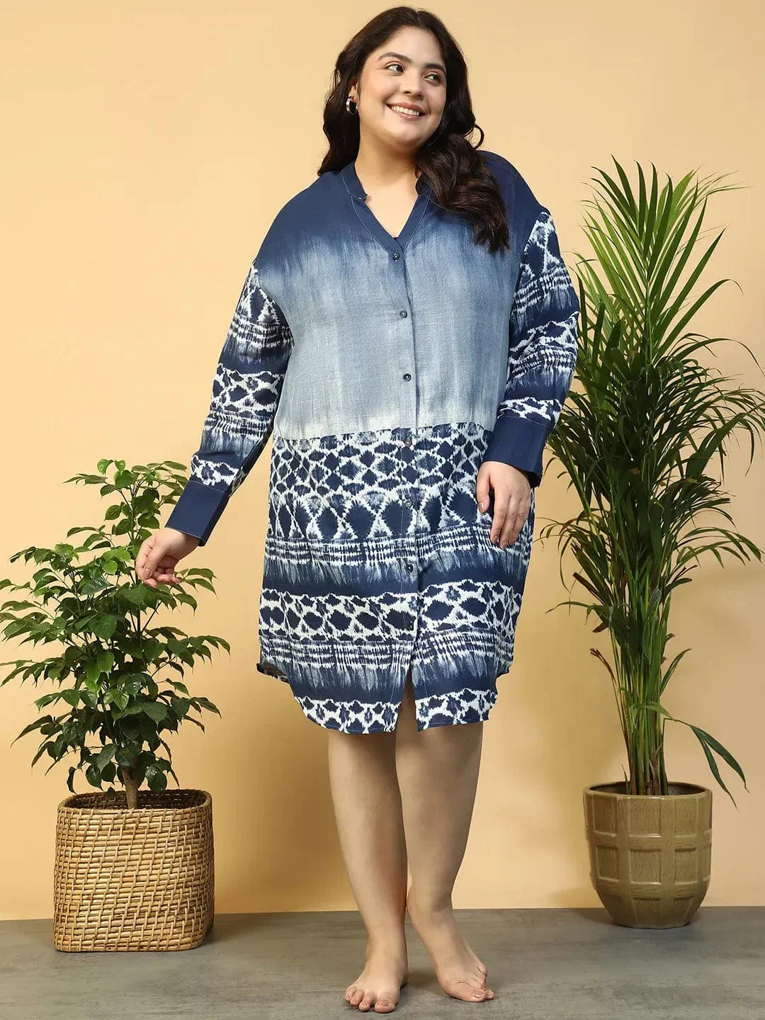 Vast Blue Tie-Dye Print Long Sleeve Button Down Plus Size Beachwear Cotton Shirt - Image 3