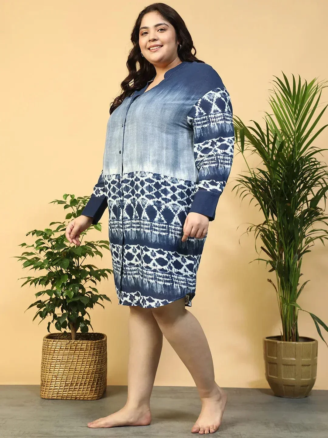 Vast Blue Tie-Dye Print Long Sleeve Button Down Plus Size Beachwear Cotton Shirt - Image 4