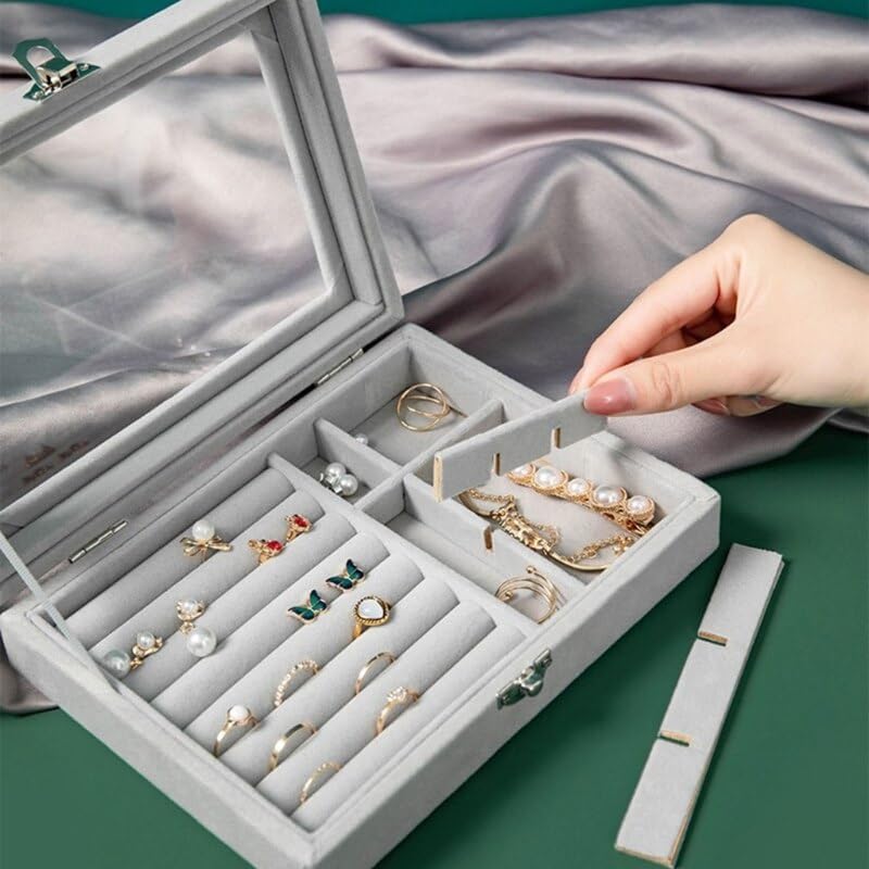 Velvet Jewelry Organizer Box with Glass Lid – Adjustable Ring, Earring & Bracelet Storage (Any Random Colour) - Image 5