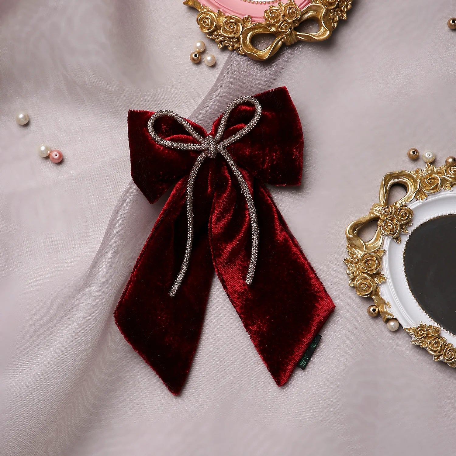 Velvet Pigtail Hair Bow With Rhinestone Cord In Maroon - Image 2