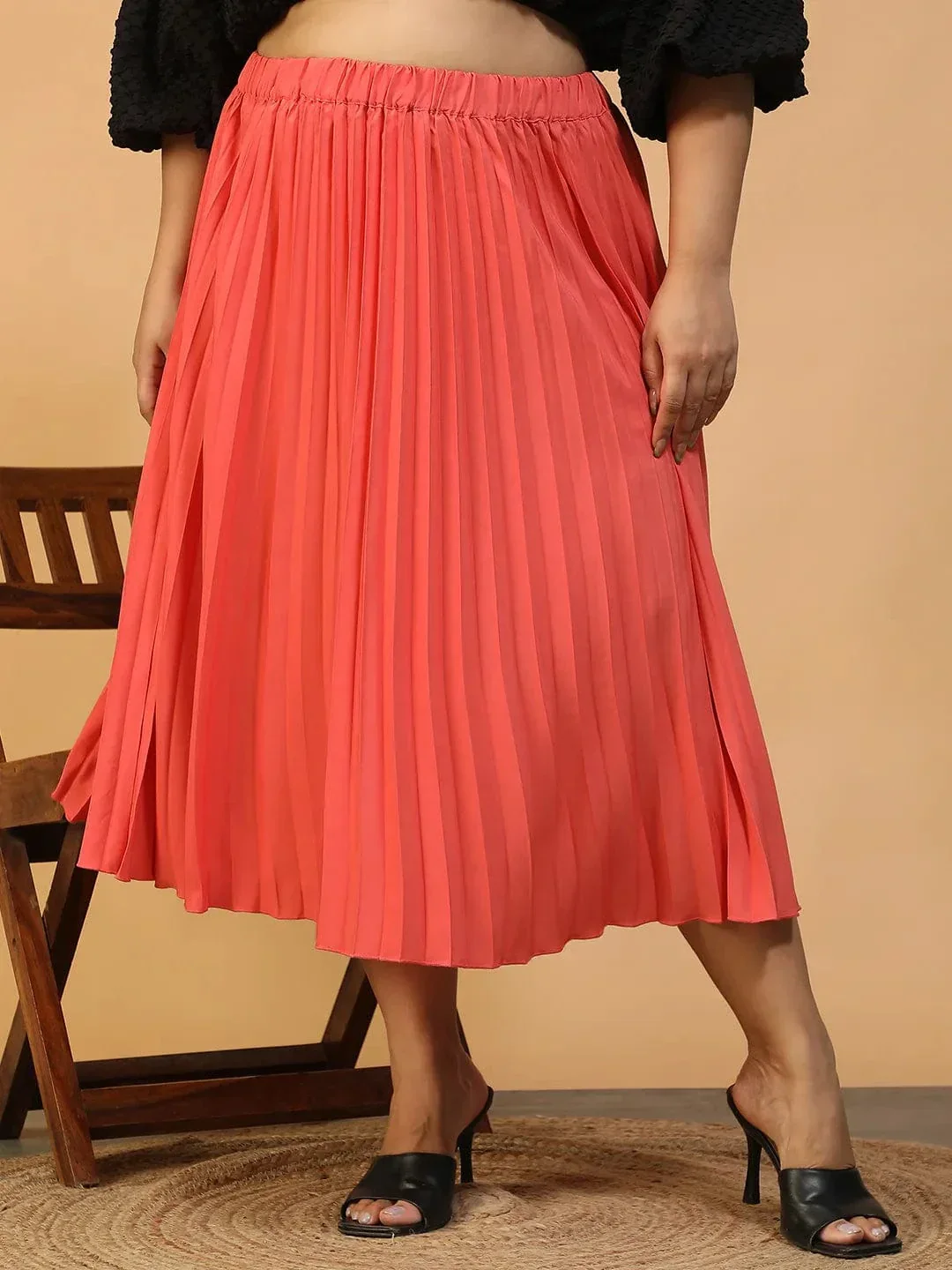 Vibeon Coral Elasticated Pleated Plus Size Women Skirt