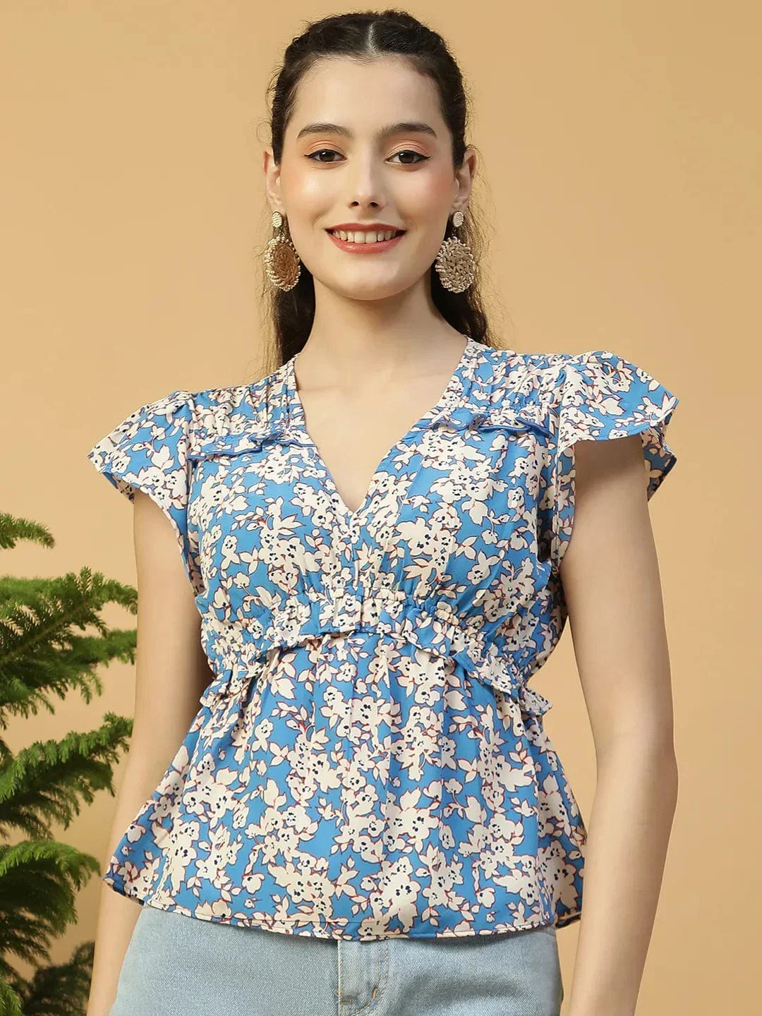 Vintage Blue Floral Print Short sleeve Frill Detail Women Peplum Top