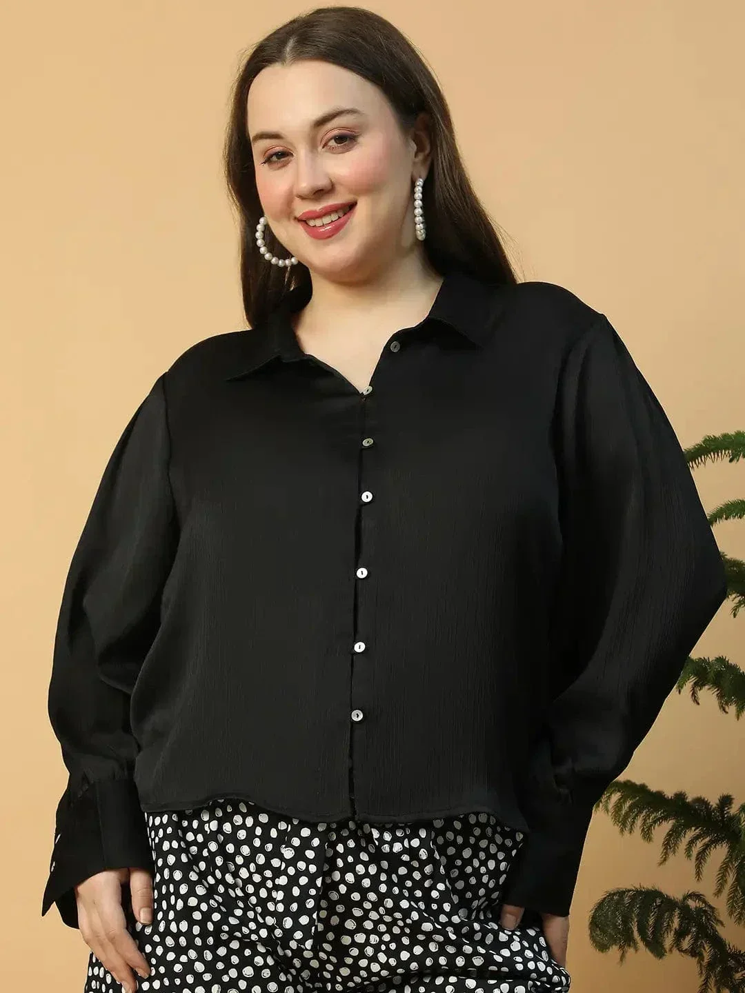 Vivid  Solid Black  Button Down Collared Long Sleeve  Plus Size Women Satin Shirt