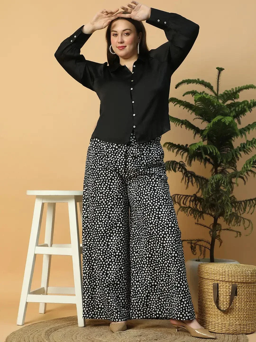 Vivid  Solid Black  Button Down Collared Long Sleeve  Plus Size Women Satin Shirt - Image 2