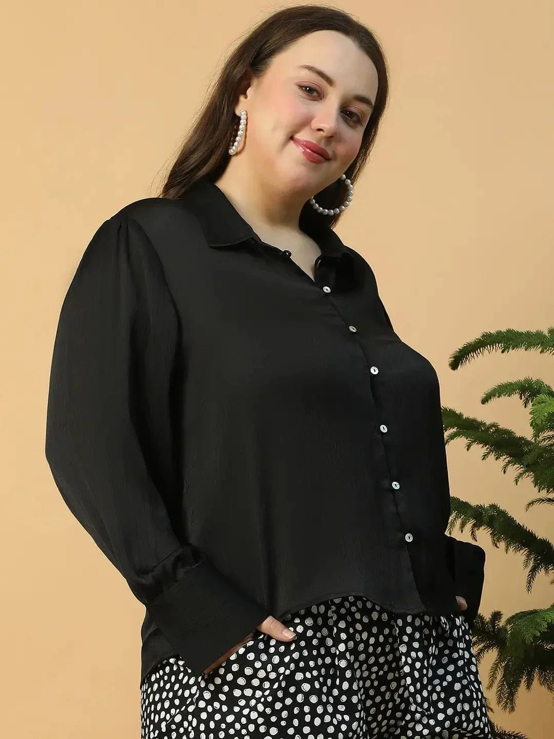 Vivid  Solid Black  Button Down Collared Long Sleeve  Plus Size Women Satin Shirt - Image 4