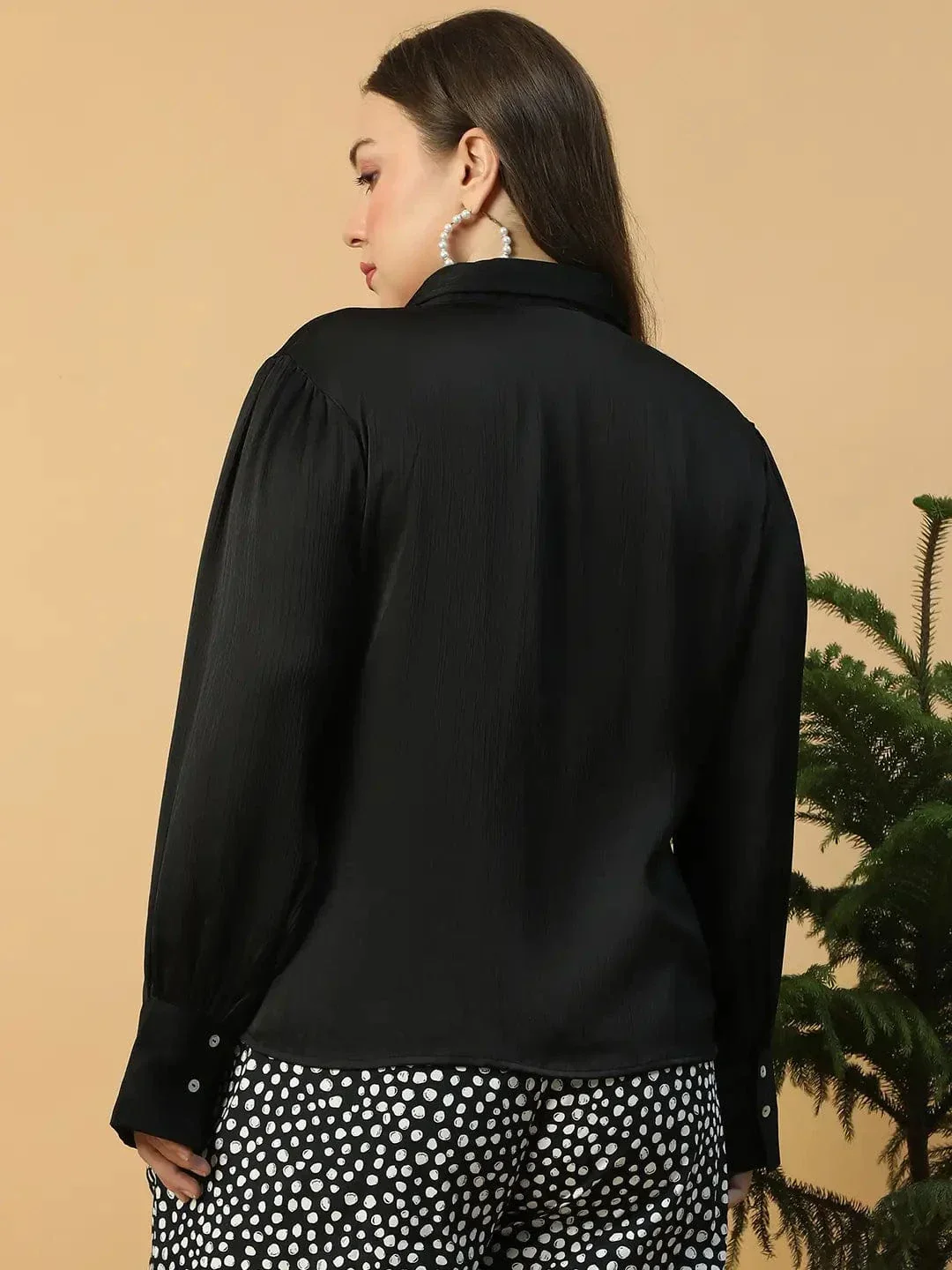 Vivid  Solid Black  Button Down Collared Long Sleeve  Plus Size Women Satin Shirt - Image 5
