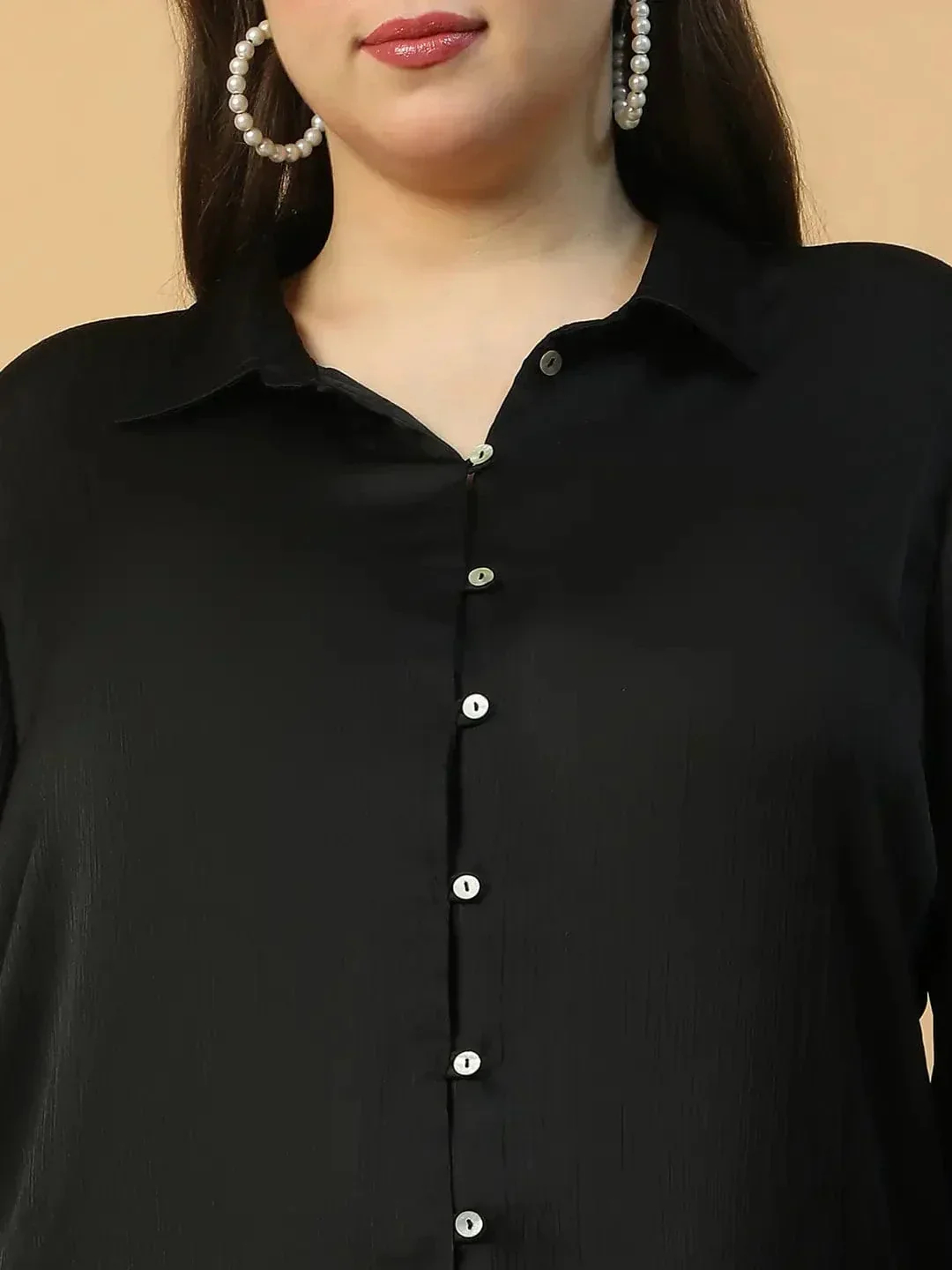Vivid  Solid Black  Button Down Collared Long Sleeve  Plus Size Women Satin Shirt - Image 6