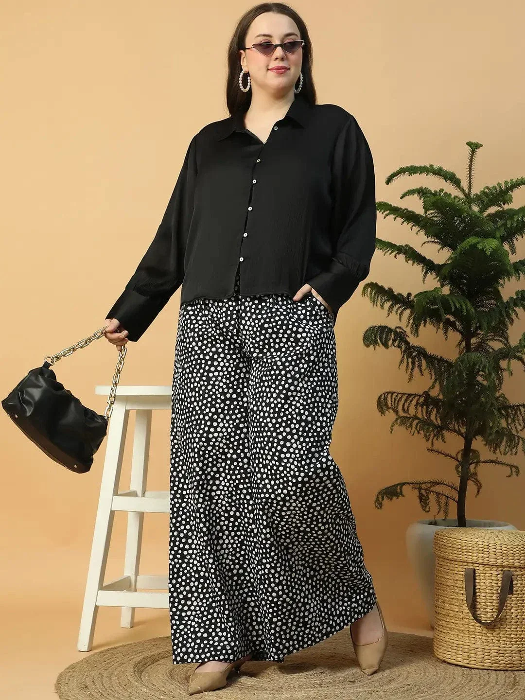 Vivid  Solid Black  Button Down Collared Long Sleeve  Plus Size Women Satin Shirt - Image 7