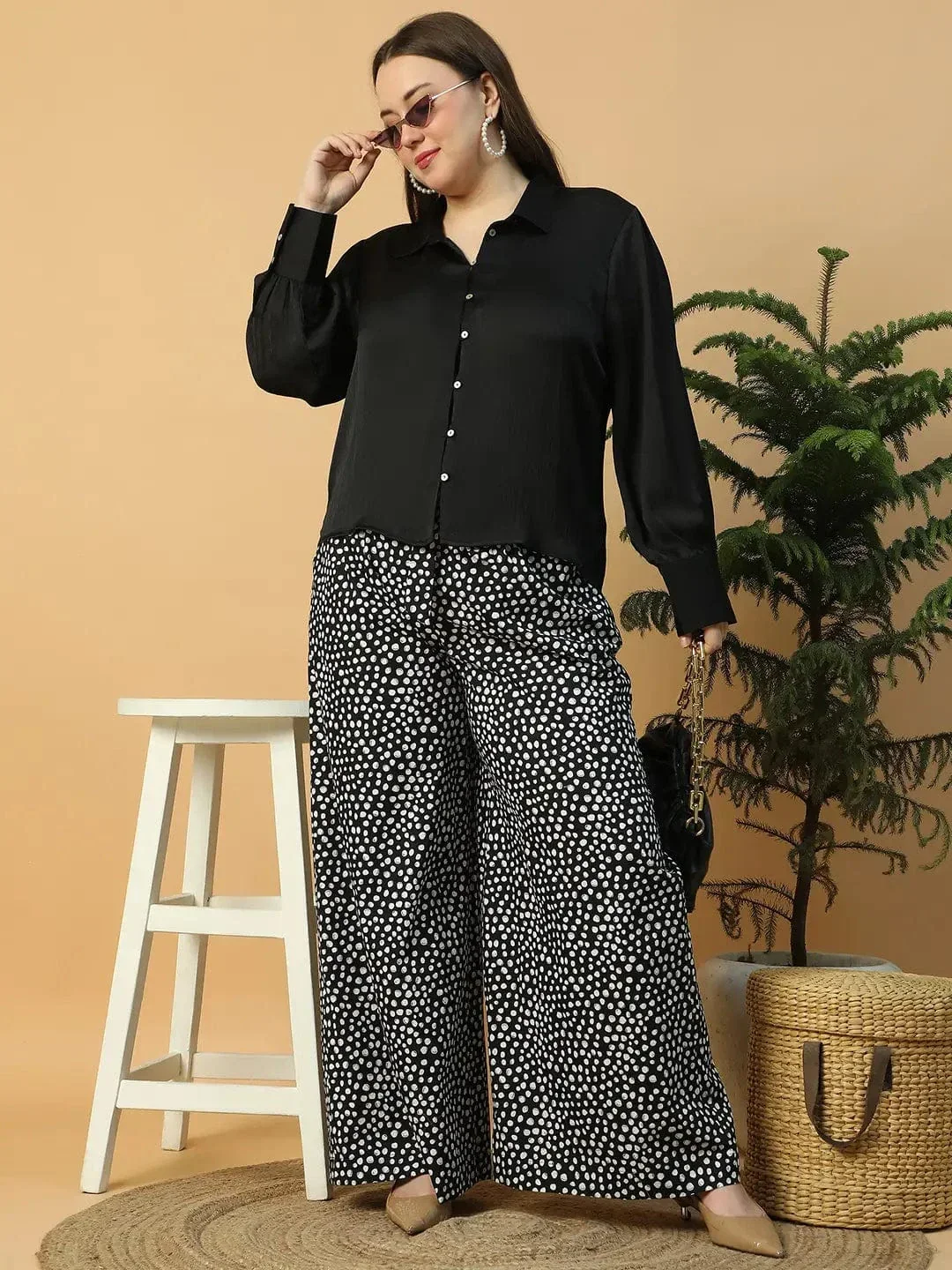 Vivid  Solid Black  Button Down Collared Long Sleeve  Plus Size Women Satin Shirt - Image 8