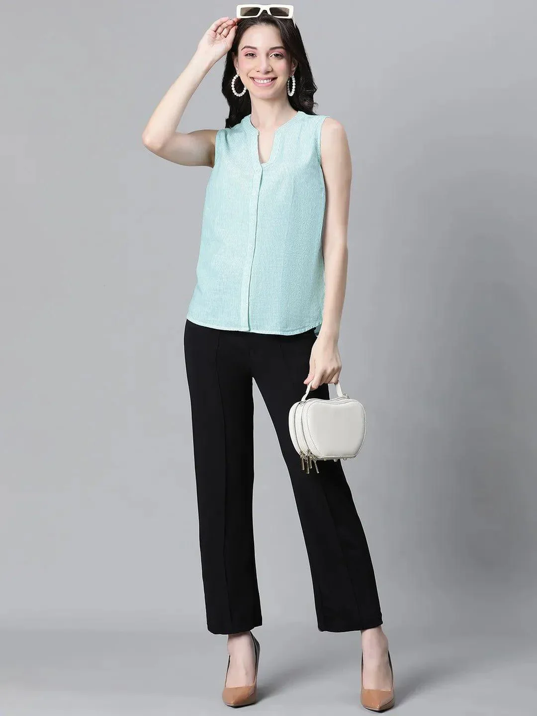 Vogue Blue Stripe Print Buttoned Sleeveless Cotton Top - Image 7