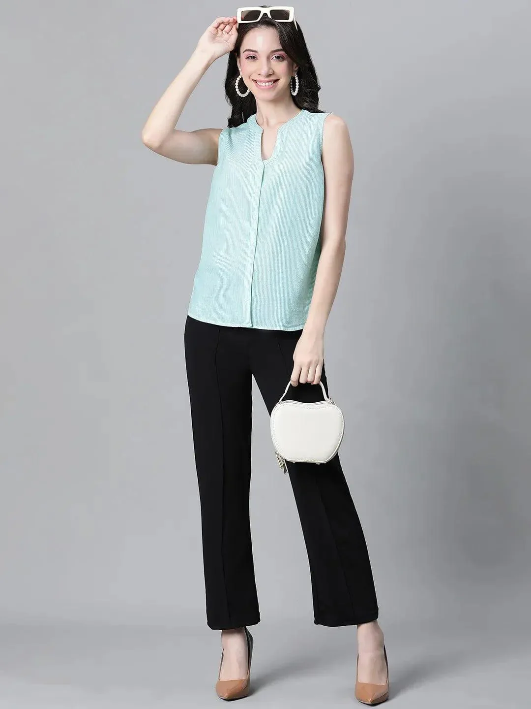 Vogue Blue Stripe Print Buttoned Sleeveless Cotton Top - Image 8