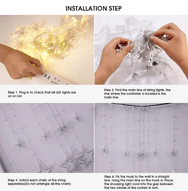 Warm White LED Star Curtain Lights  (Pack of 12 With 6 Small Star, 6 Big Star Pcs) - Image 5