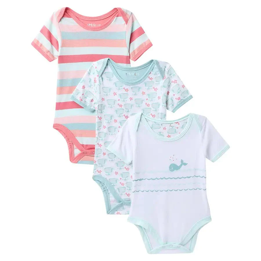 Whale Print Baby Boy Romper (Pack Of 3)