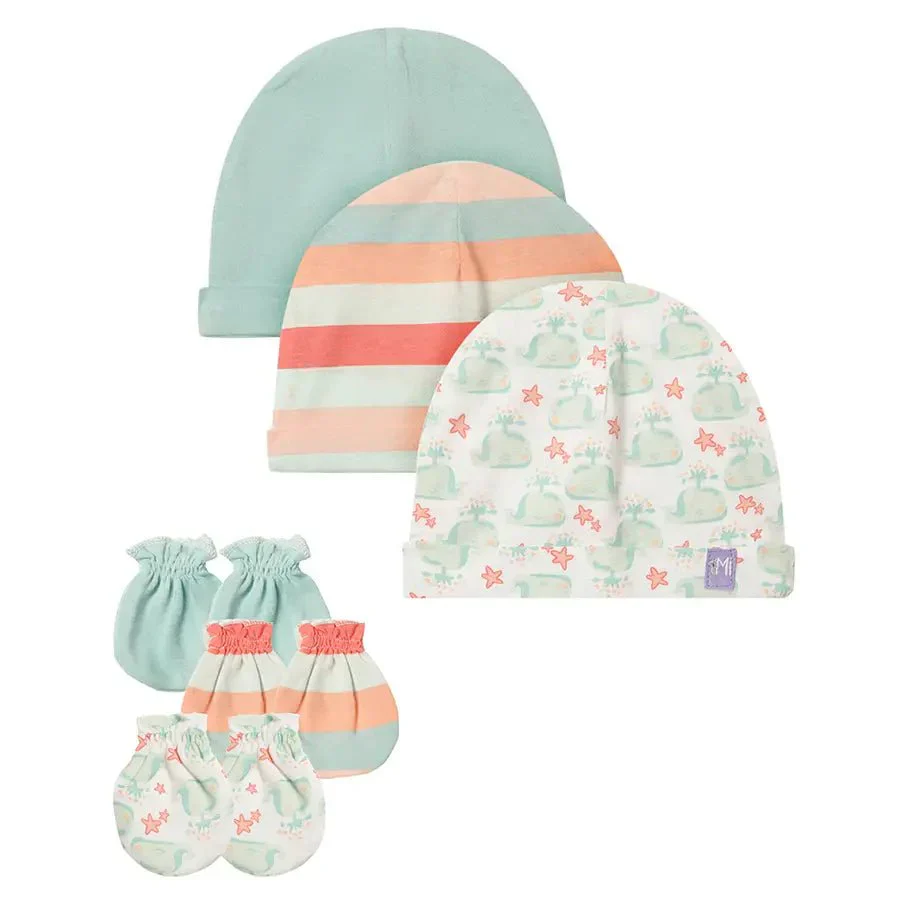 Whale Print Infant Cap & Mitten Set (Set Of 3)