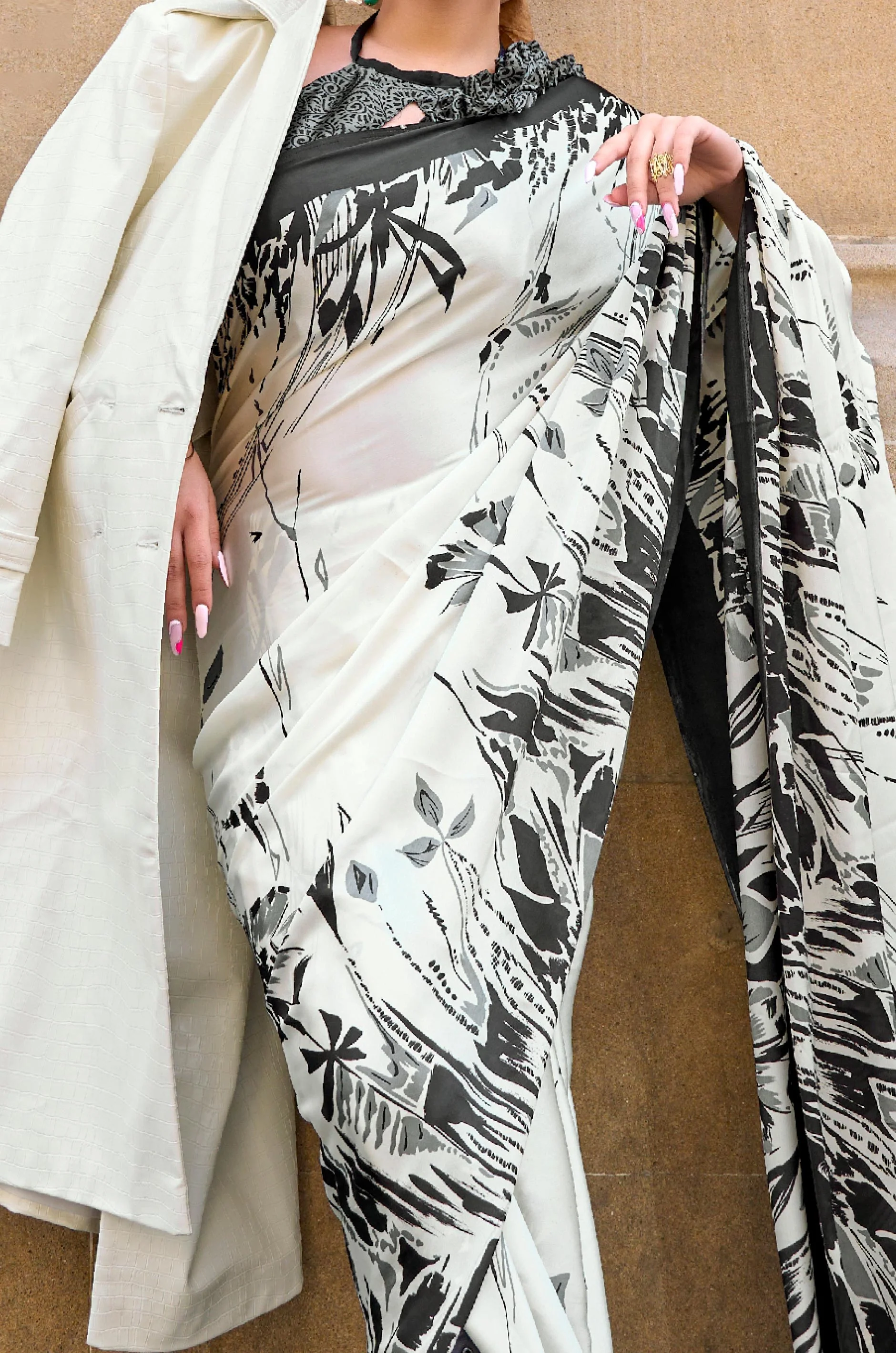 White And Black Digital Print Satin Crepe Saree - Image 3