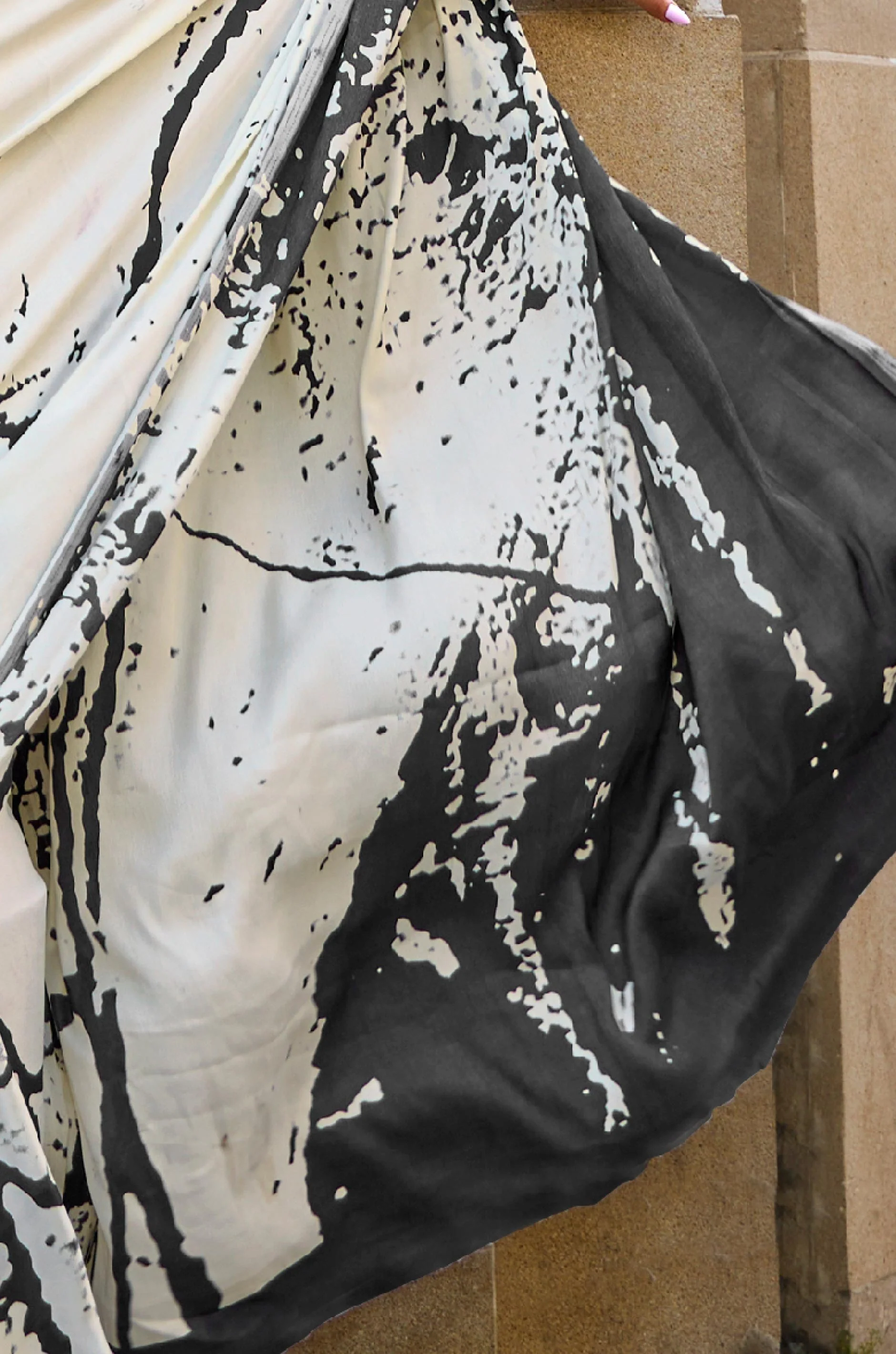 White And Black Digital Print Satin Crepe Saree - Image 2