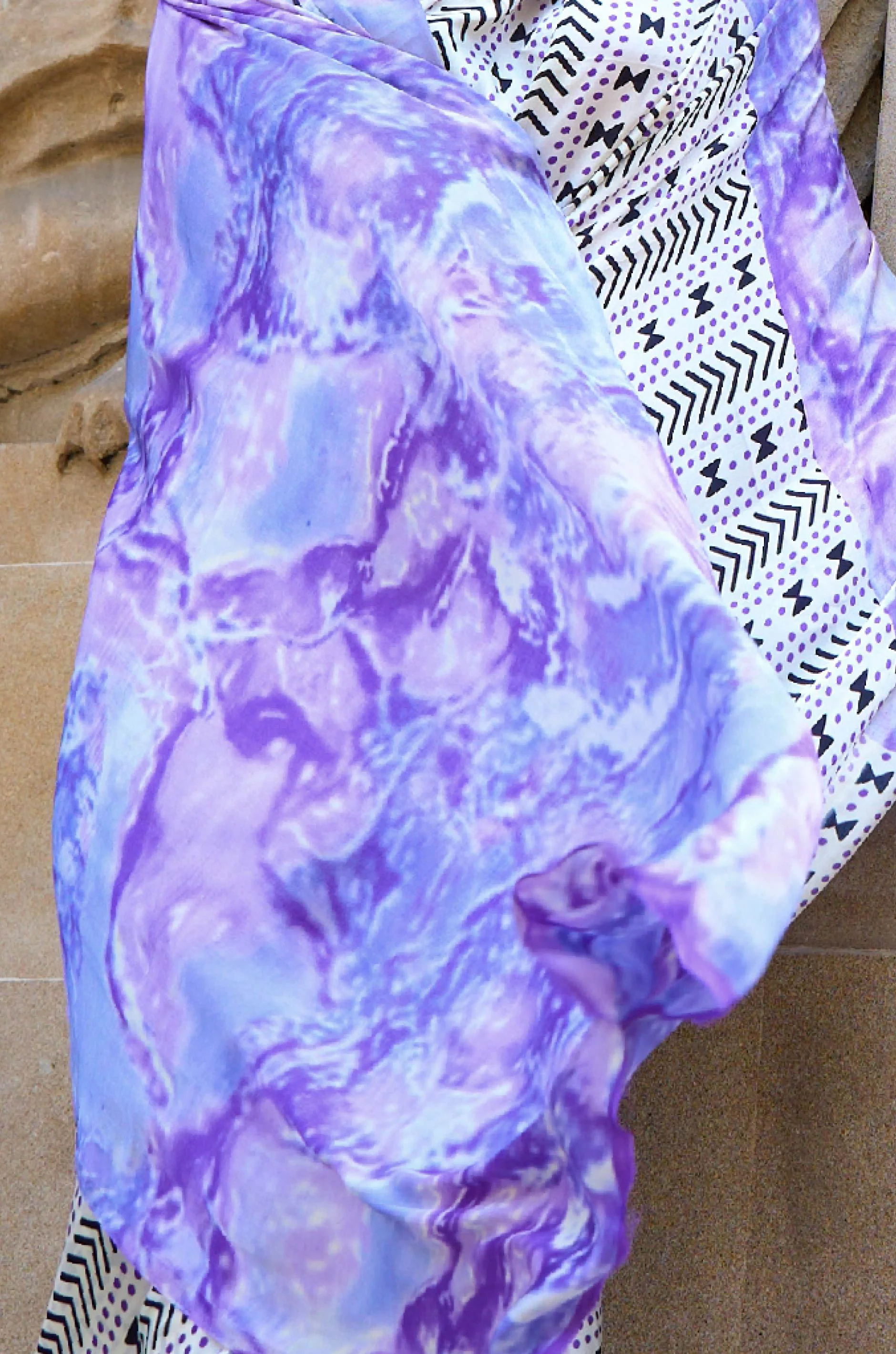 White And Lilac Digital Print Satin Crepe Saree - Image 2