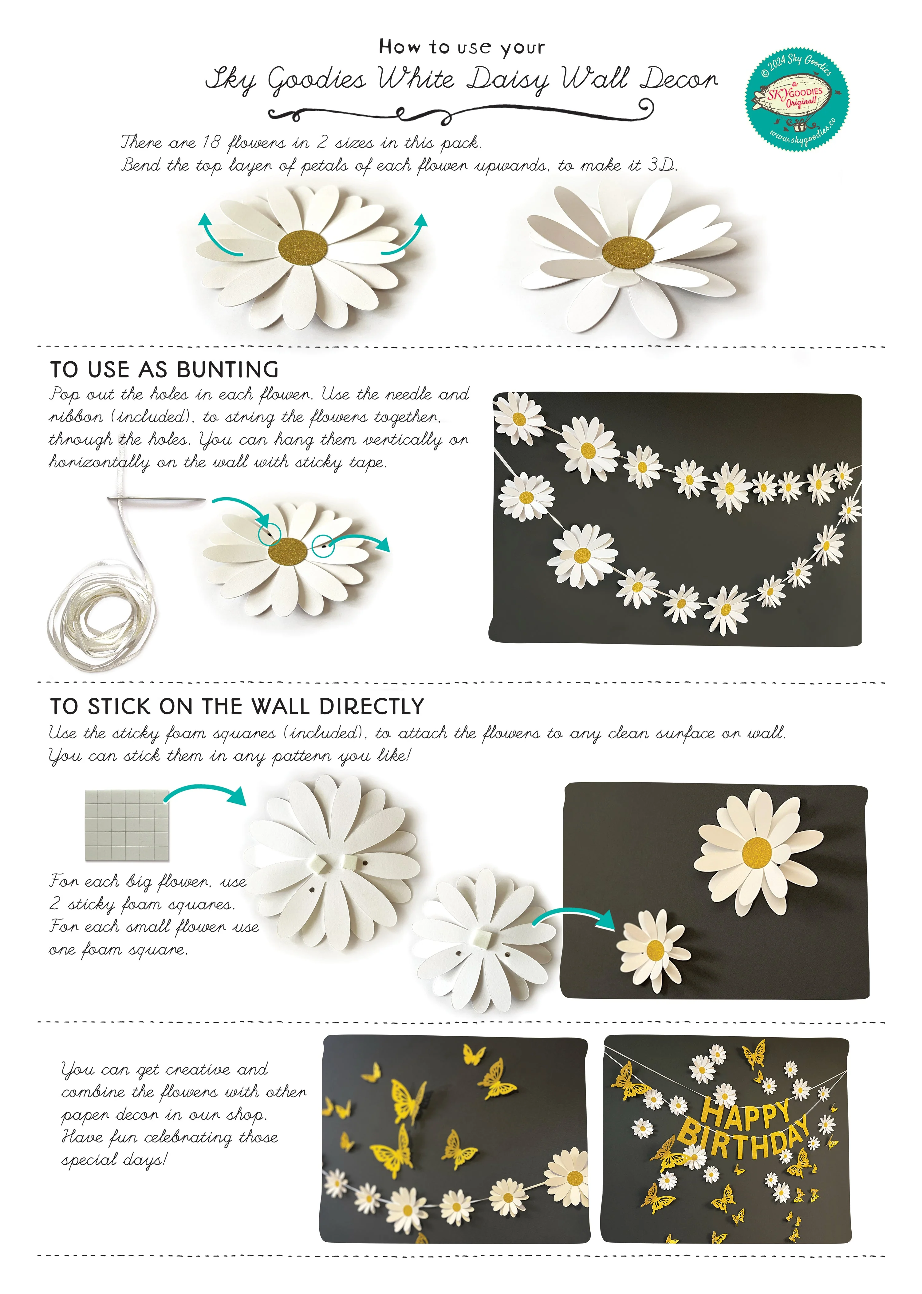 White Daisy and Happy Birthday Paper Party Decor - Image 7