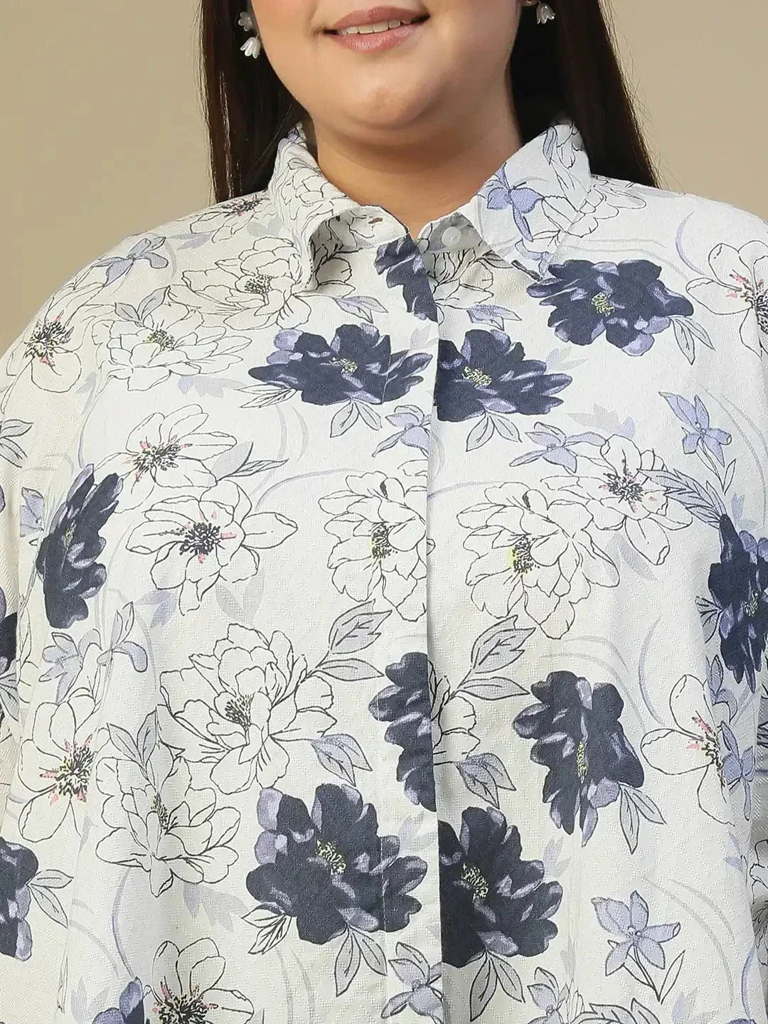 White Floral Print Button Down Short Sleeve High Low Plus Size Women Dobby Top - Image 6