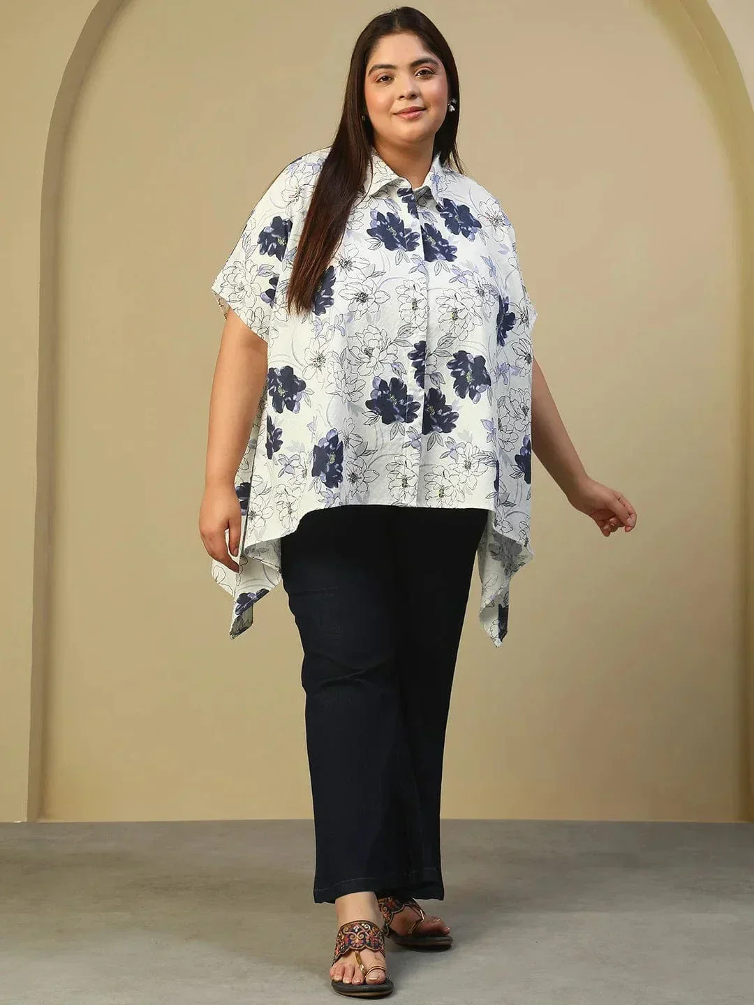 White Floral Print Button Down Short Sleeve High Low Plus Size Women Dobby Top - Image 8