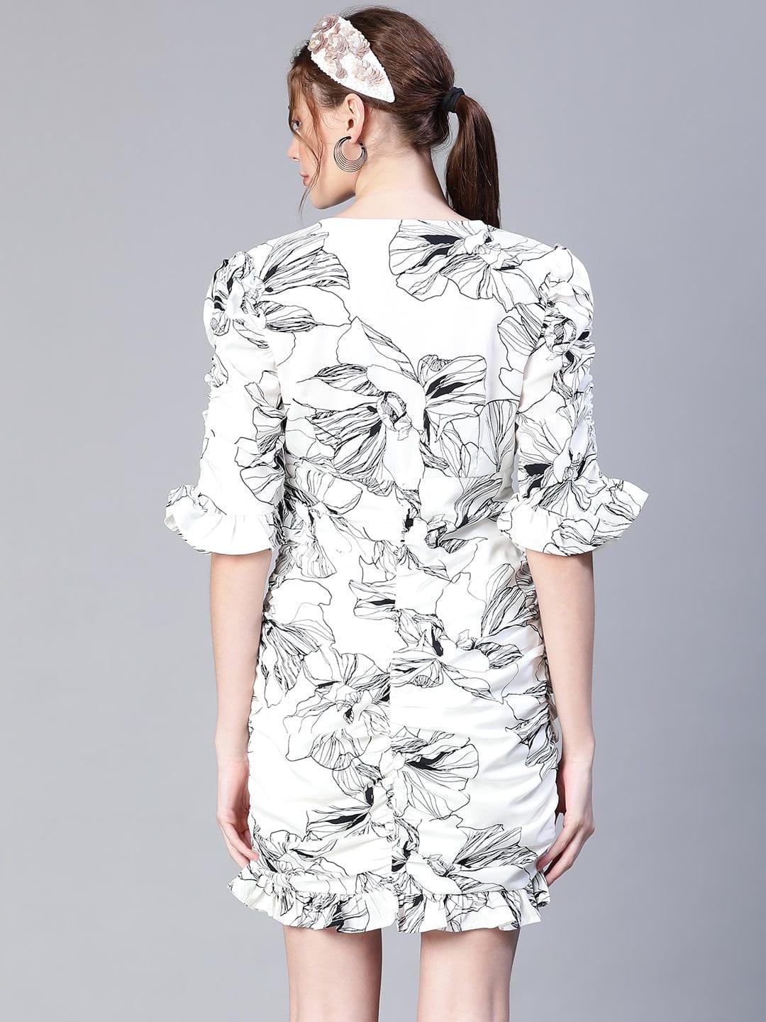 White Floral Print Gather Pleated V-Neck Ruffle Women Dress - Image 2
