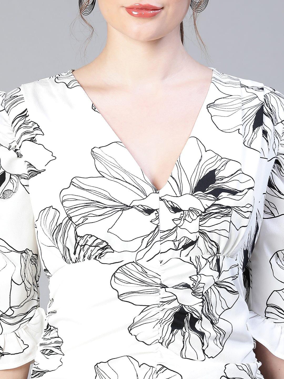 White Floral Print Gather Pleated V-Neck Ruffle Women Dress - Image 3