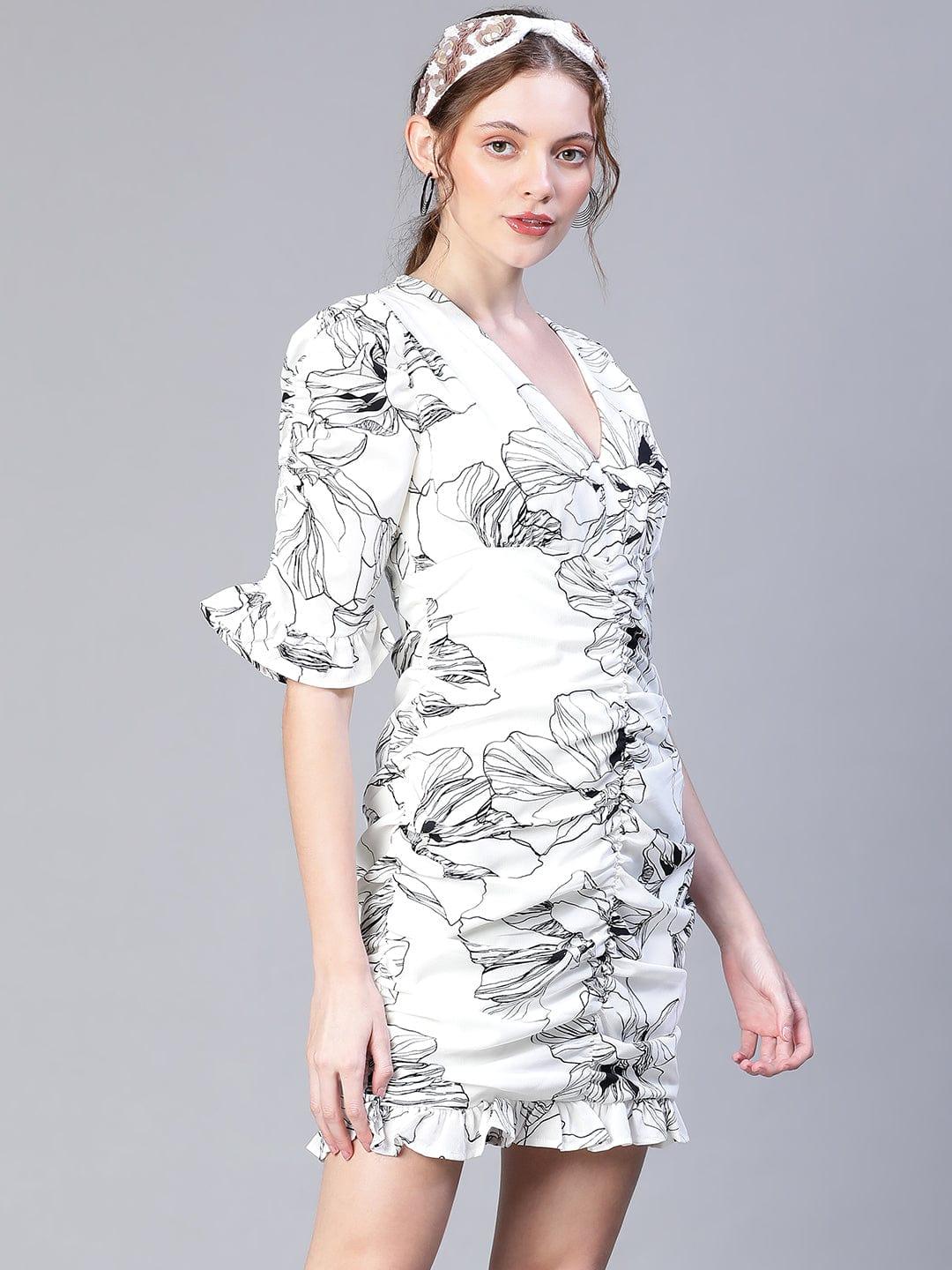 White Floral Print Gather Pleated V-Neck Ruffle Women Dress - Image 6