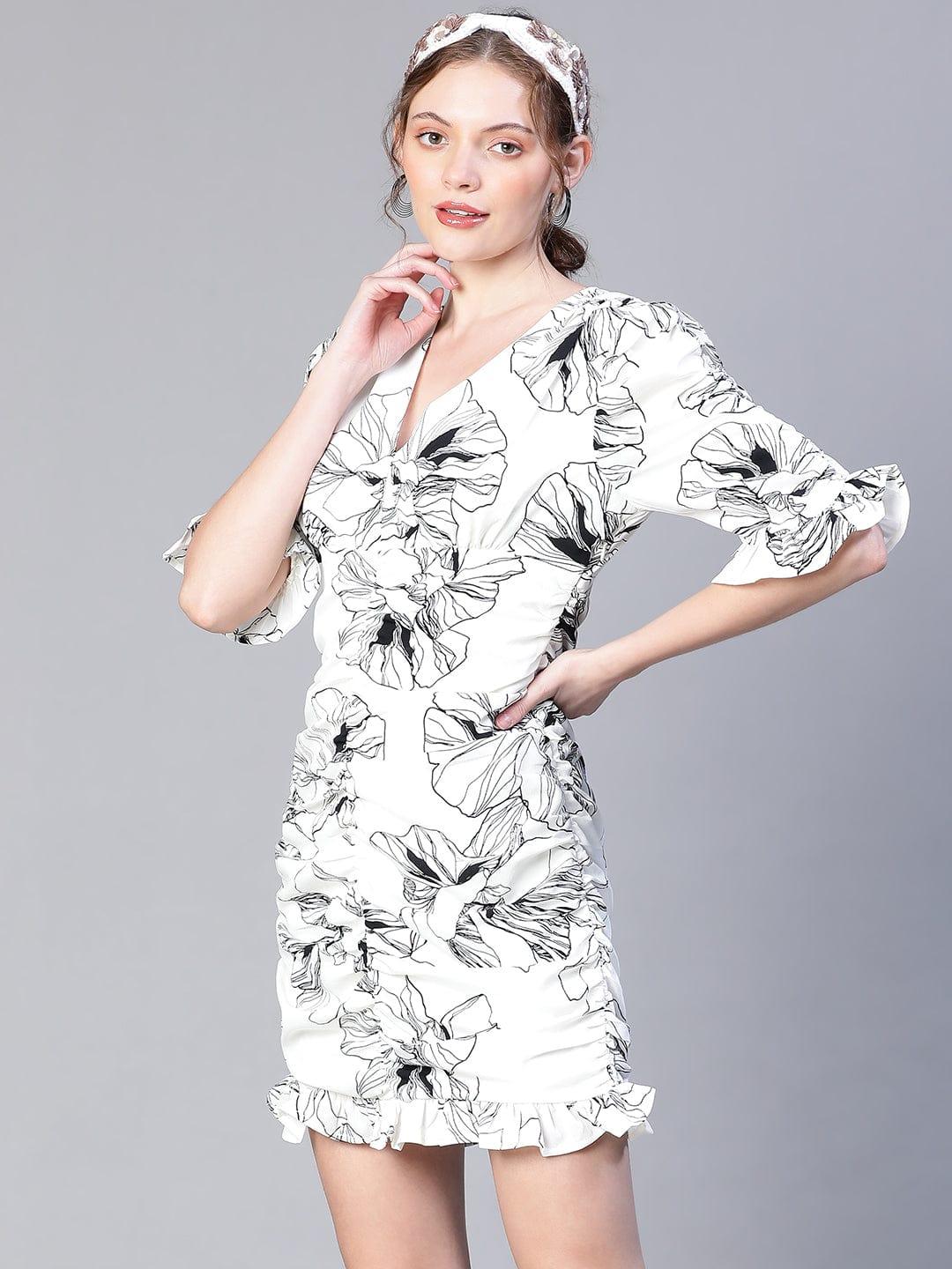 White Floral Print Gather Pleated V-Neck Ruffle Women Dress - Image 7