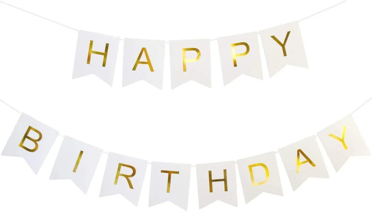 White Happy Birthday Banner And Pastel Yellow Metallic Balloons (Pack of 30) - Image 2